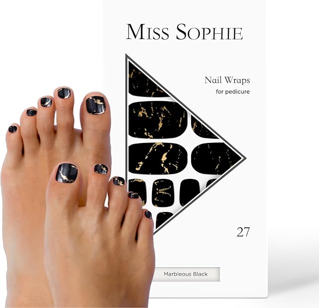 Miss Sophie Pedi Wraps I Marbleous Black Pedicure I 27 ultra-cienkich pasków lakieru do paznokci ze wzorem, do paznokci stóp, trzymają się na naturalnych i lakierowanych, akrylowych, żelowych i
