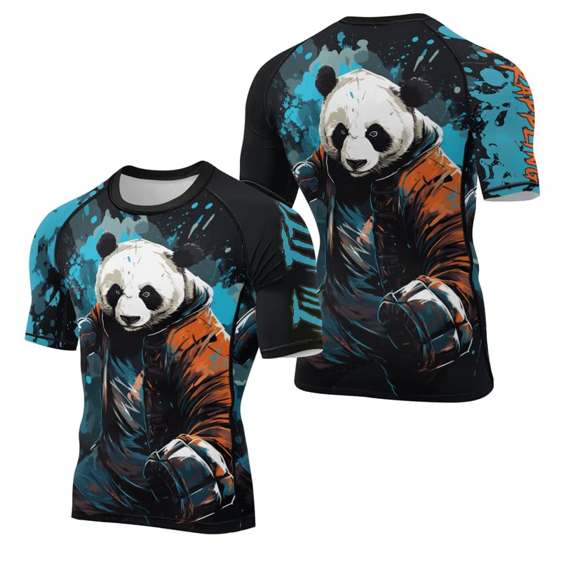 Panda Fighter Men's Short Sleeve Compression Rash Guard MMA Jiu Jitsu BJJ Grappling Base Layer Combat Shirt