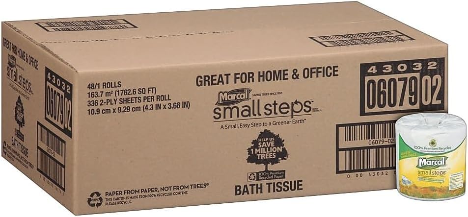 Marcal - MRC6079 Toilet Paper 100% Recycled - 2 Ply White Bath Tissue, 336 Sheets Per Roll - 48 Rolls per Case Green Seal Certified Toilet Paper 06079