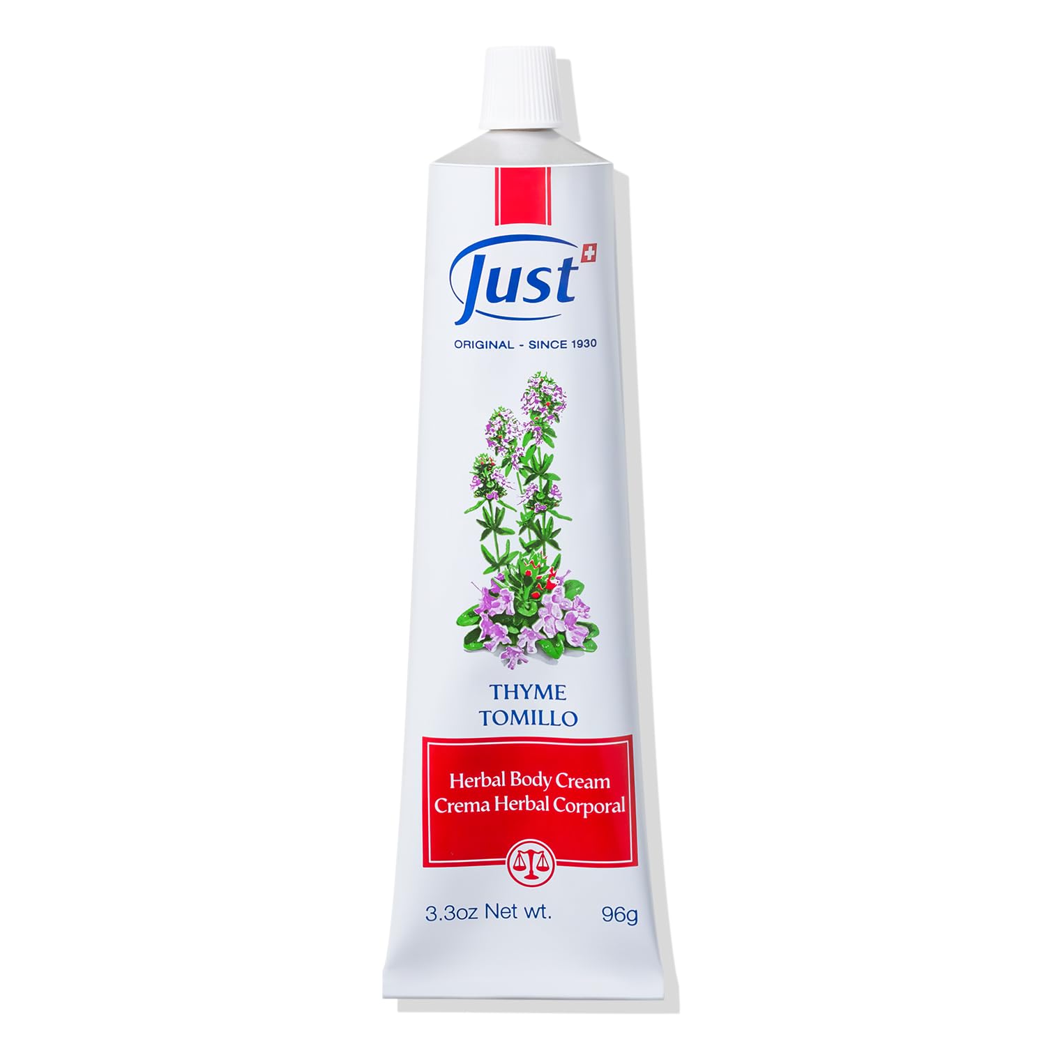 SwissJust Thyme Cream, Thyme Tomillo 96g. Massage Cream with Camphor Oil, Lemon Eucalyptus Chamomile Essential, Rosemary, Soybean, and Pine Essential Oils.