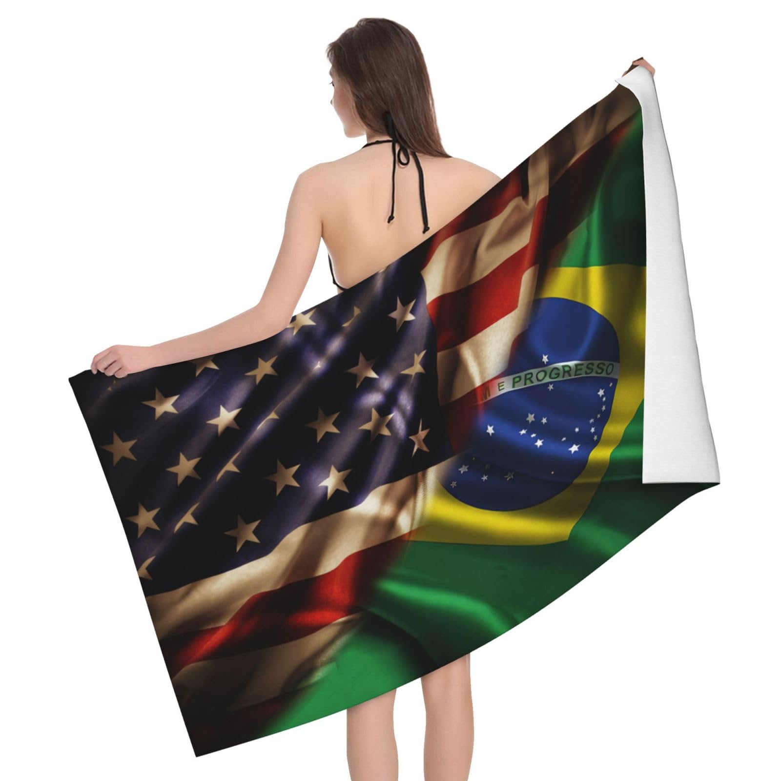 HLBSDM Microfiber Combined Brazil and USA Flag Beach Towel Quick Dry Soft Sand Free Beach Towels for Pool Swim Beach Lightweight Thin Towels