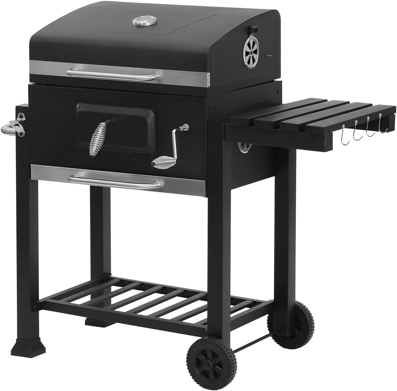 BBQ Charcoal Grill Portable Barbecue Trolley Outdoor BBQ Grill with Cover, Wheels, Thermometer and Folding Shelf, for Garden Grilling, Camping, Picnic, Black Metal, 113x45.5x100cm