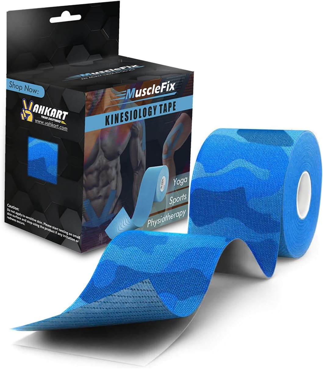 MuscleFix Athletic Sports Kinesiology Tape | Tape for Injury, Muscle Support, Pain Relief, Joint Support and Physiotherapy (5 m * 5 cm) (Blue Camo)