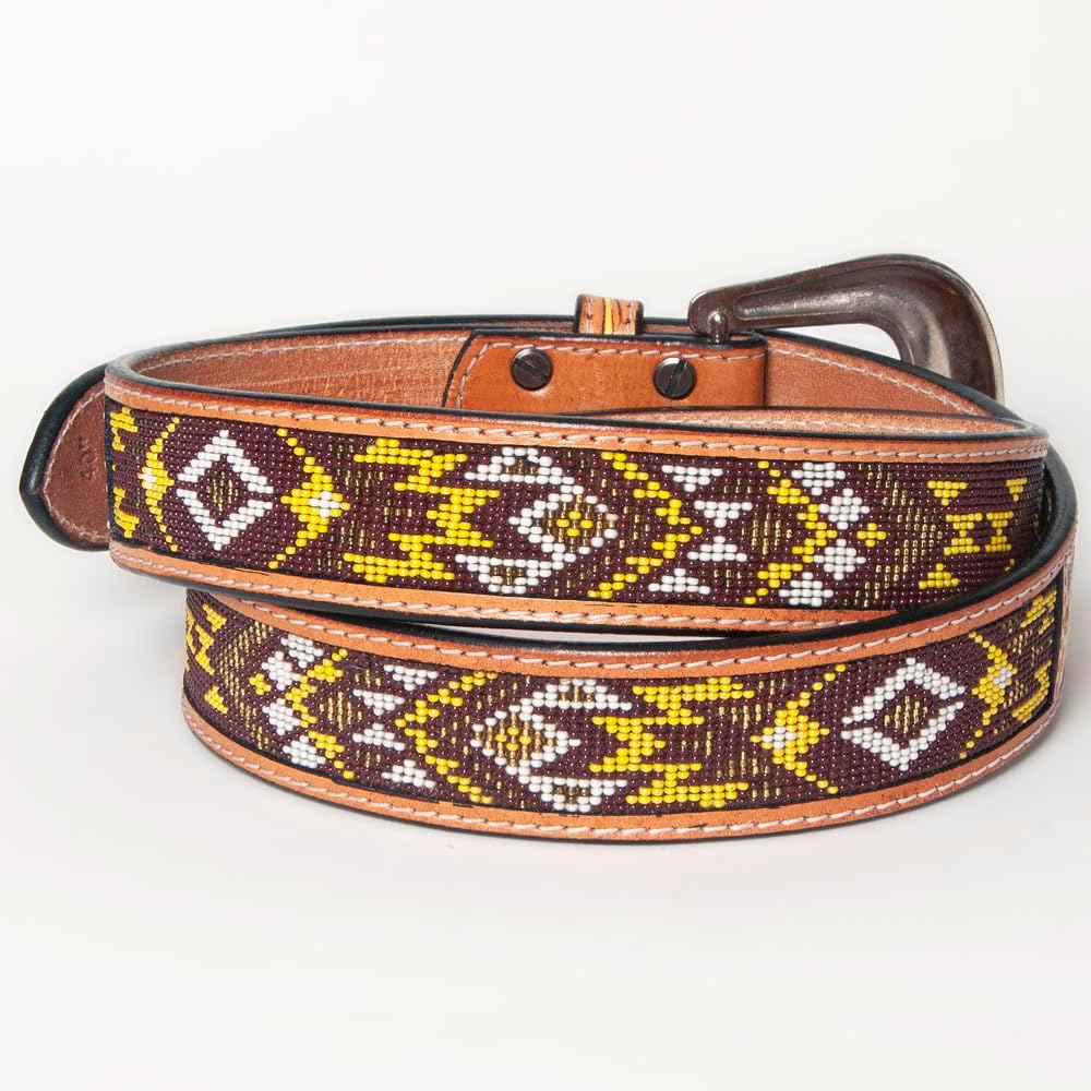 American Darling Medium Hand Tooled Brown Genuine American Leather Beaded Belt Men & Women Western Belt with Removable Buckle