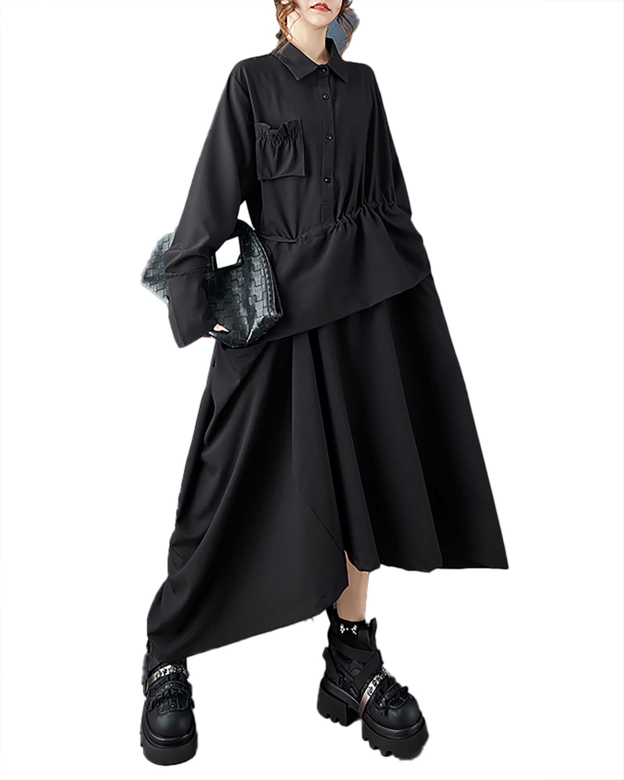ellazhu Womens Coats Dress Lapel Long Sleeve Solid Button Ruched Waist Maxi Plus Size Pocket Irregular Hem GZ685