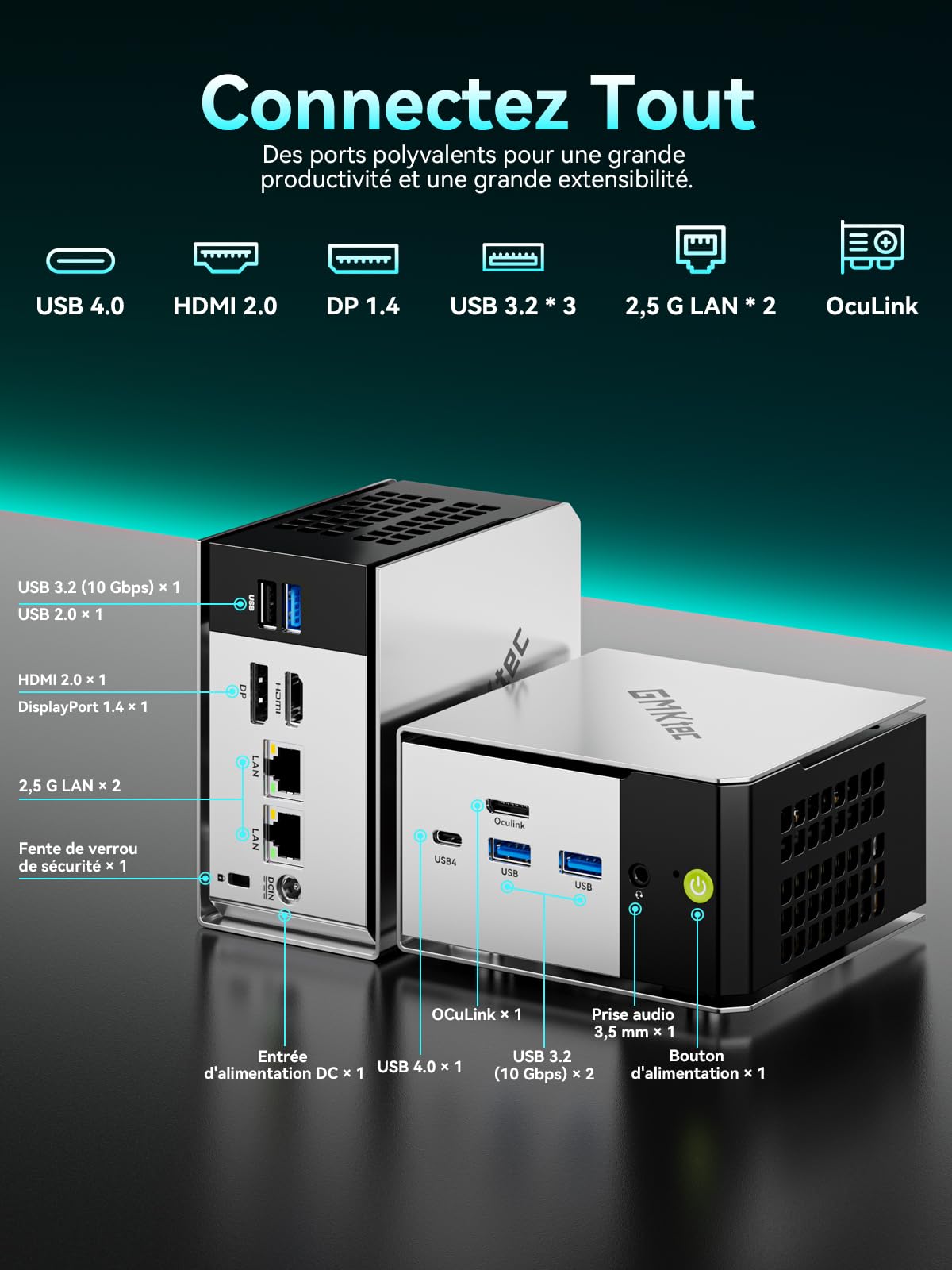 GMKtec M8 Mini PC Ryzen 5 Pro 6650H (Battre 7430U/5825U, 6C/12T jusqu'à 4.5GHz), Dual 2.5GbE LAN, 16Go LPDDR5 RAM+512Go SSD PCIe3.0 NVME Mini-PC, Oculink, USB4, USB-C, WiFi 6E pour Bureau Gaming