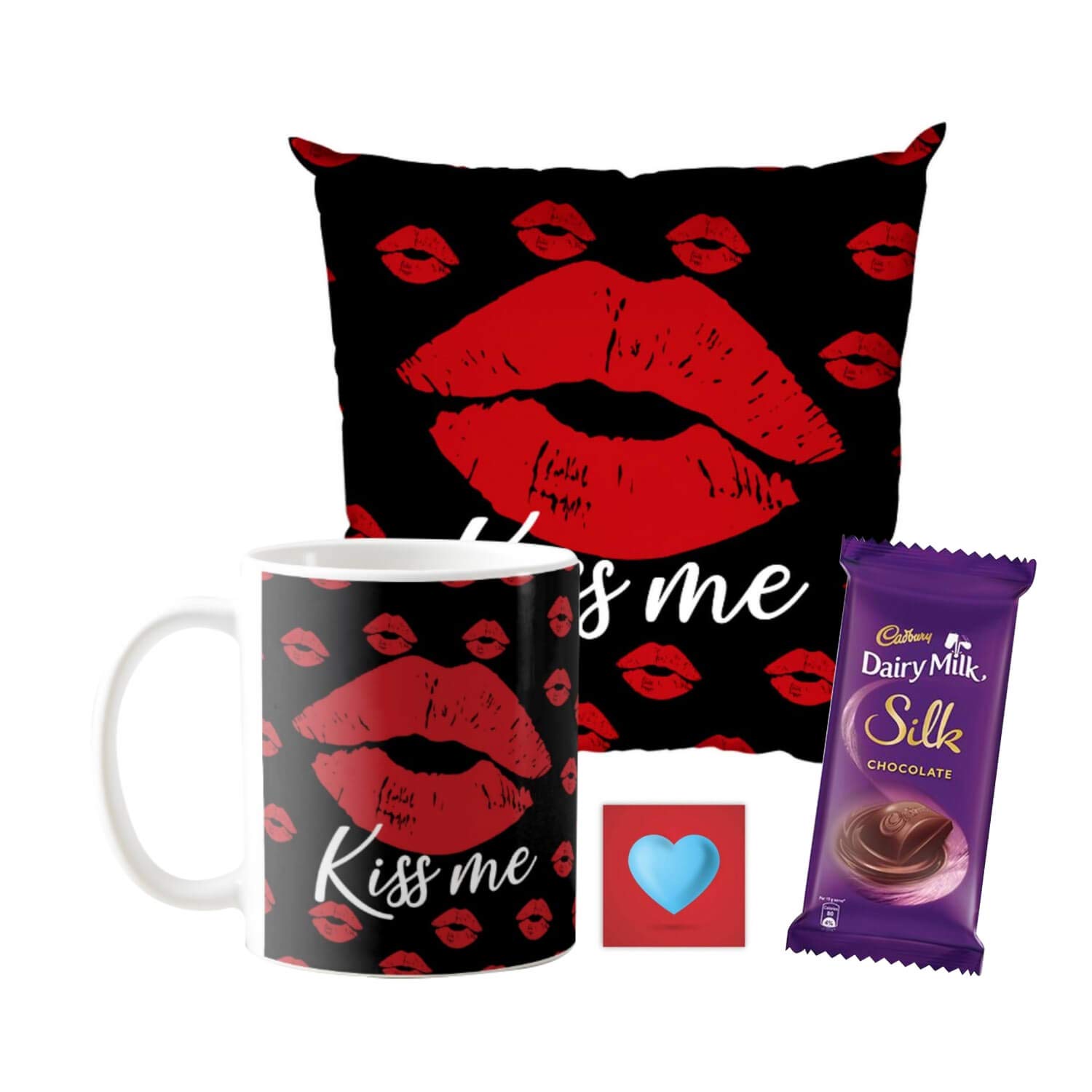 YaYa cafe Valentine Kiss Day Gifts Combo for Girlfriend Wife Mug, Cushion Cover, 1 Dairy Milk Silk Chocolates (60 gm) Kiss Me, with Coaster