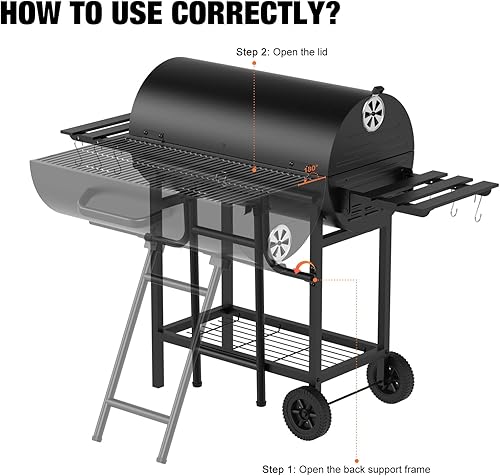Miniatura 8 de Parrilla de barbacoa de carbón extragrande, 871 pulgadas cuadradas, espacio de cocción, parrilla de barbacoa de barril al aire libre con 2 mesas