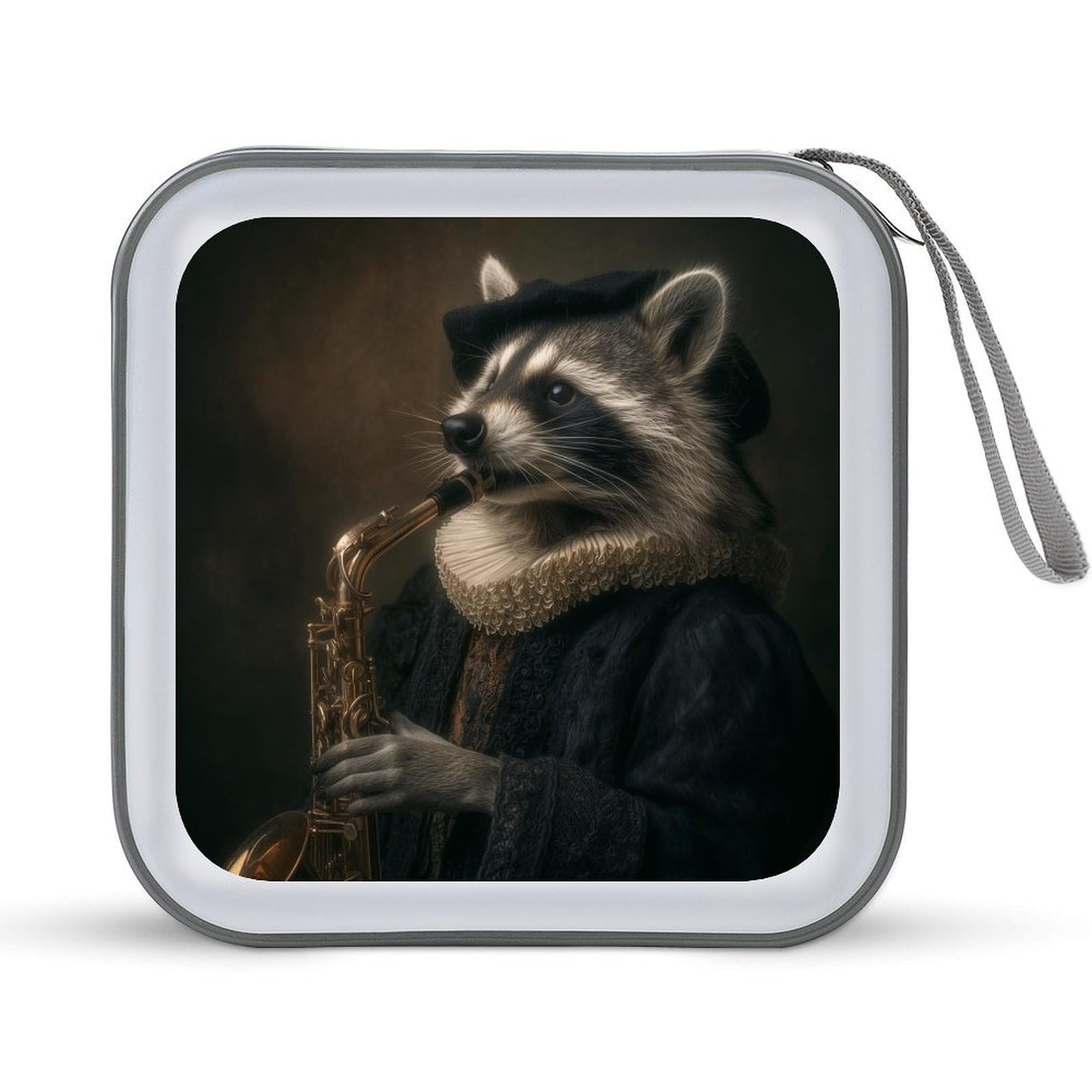 Jubonexis Raccoon Dressed in Dark Clothes Play The Saxophone CD Case DVD Storage Case Portable for Car Home Travel