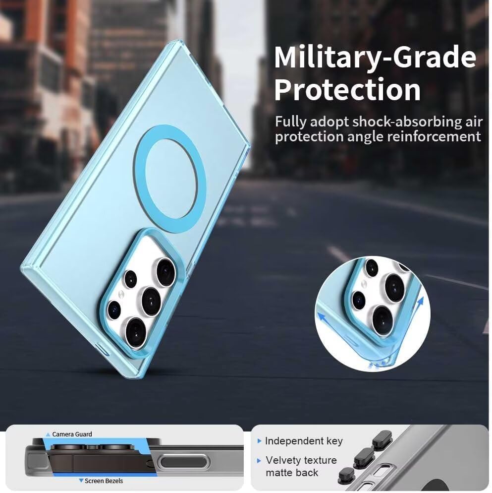 Image of Elzzi Magnetic Case for Samsung Galaxy S25 Ultra 5G Cover [Compatible with MagSafe] Slim Fit Shockproof Translucent Matte Hard Back Phone Cover with Protective Bumper for Men & Women (Blue)