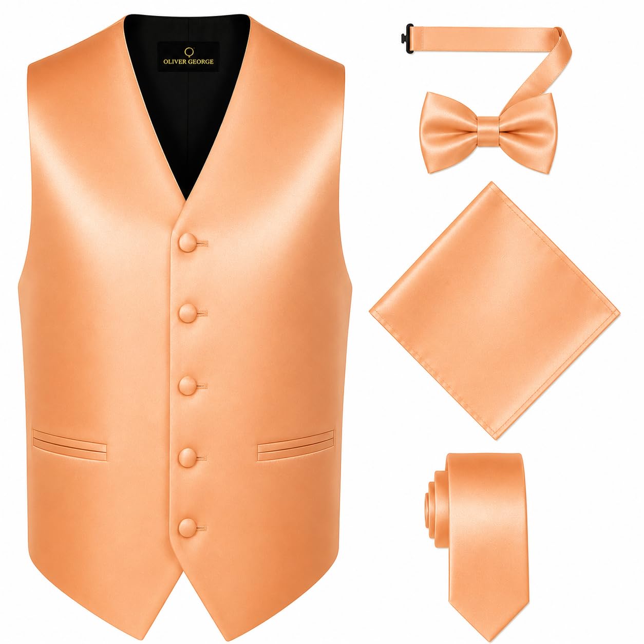 Oliver George 4pc Men's Solid Formal Suit Waistcoat Tuxedo Dress Vest Necktie Bowtie Handkerchief Set for Suit or Tuxedo