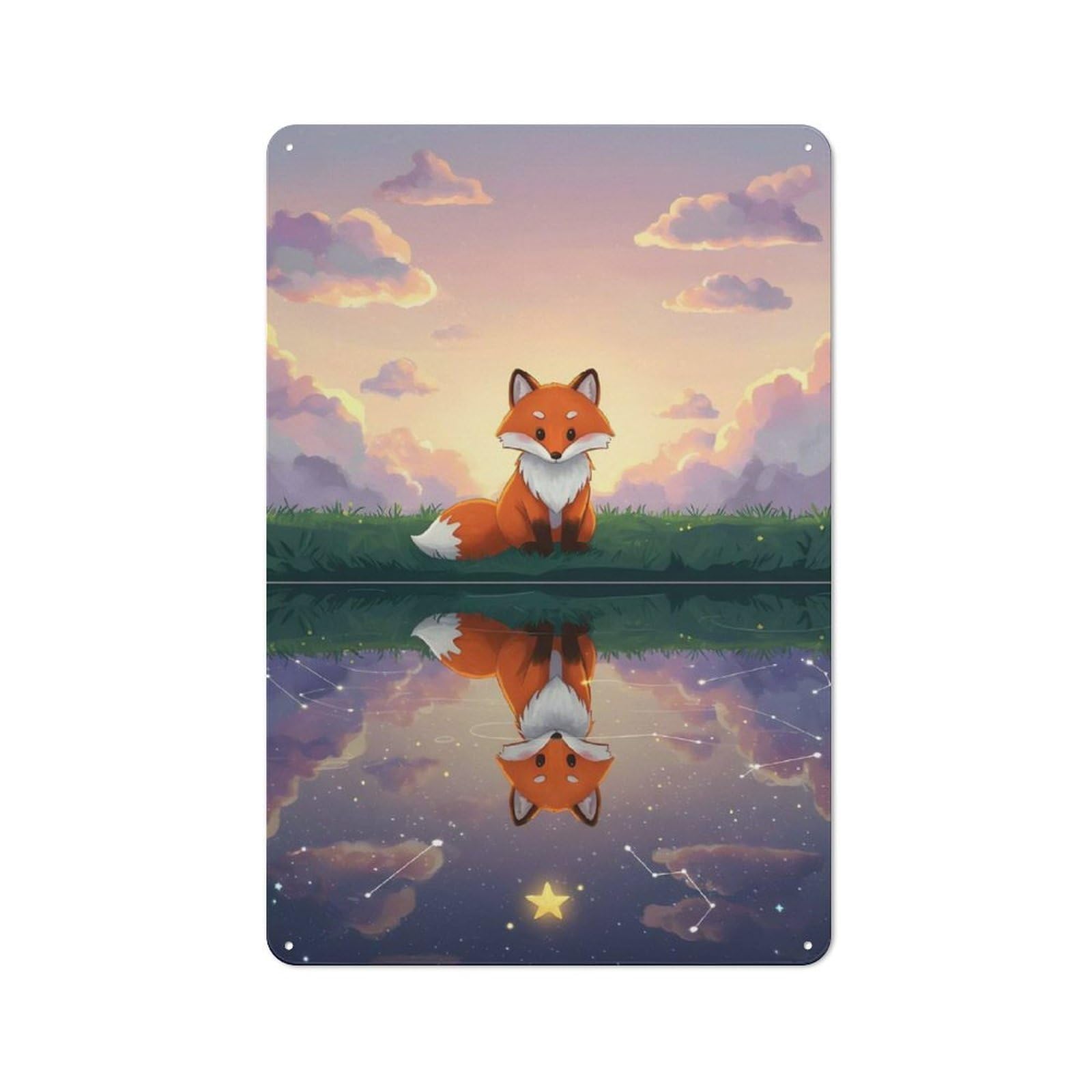 Junmoney Fox Reflection On Starry Water Metal Sign 30X20cm With For Workshop Wall, Vintage Decor, A Decorative Christmas Gift For Metal Sign Collectors