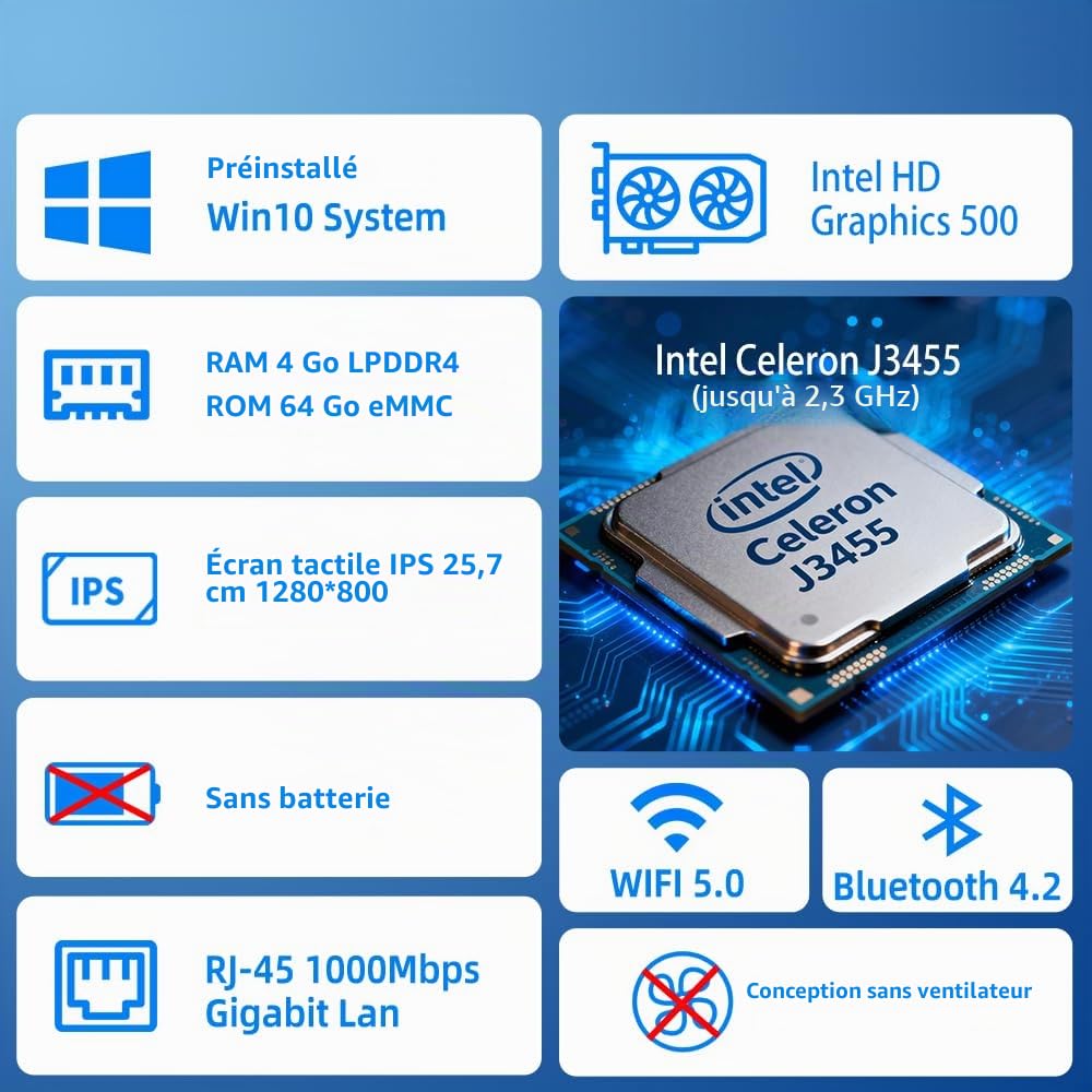 Mini PC Ordinateur Mini Desktop Computer Win 10 Pro J3455, Tablet Ordinateur écran Tactile 10,1 Pouces 4Go Ram, 64Go Rom, Sortie d'affichage 4K HDMI1,4, Rs232, WiFi 5,0, BT4,2