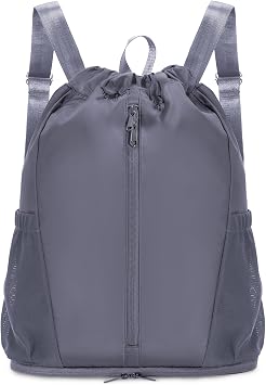 sportsnew Drawstring Backpack Sports Gym Bag with Shoes Compartment, String Backpack Cinch for Women Men, Water-Resistant Drawstring Bag for Workout Travel, Lightweight, Gray, Patent Pending
