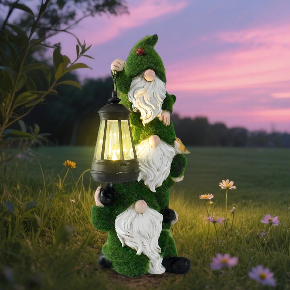 Gnomos de jardín decorativos con luces solares LED y resina resistente para exterior