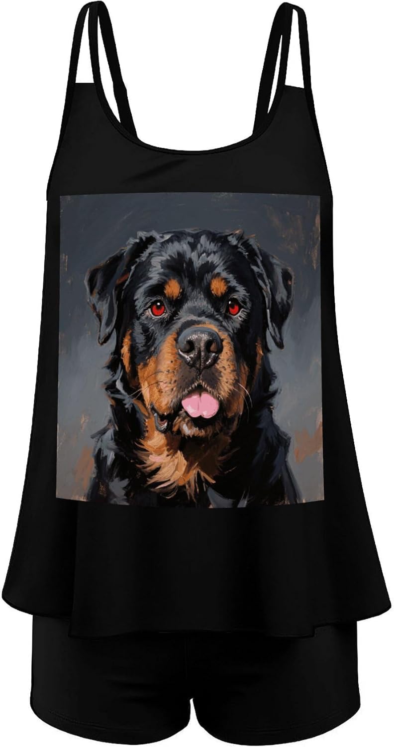 Cool Rottweiler Dog Art Tankini Swimsuits for Women Tummy Control Two Piece Bathing Suits Swim Tops with Boy Shorts
