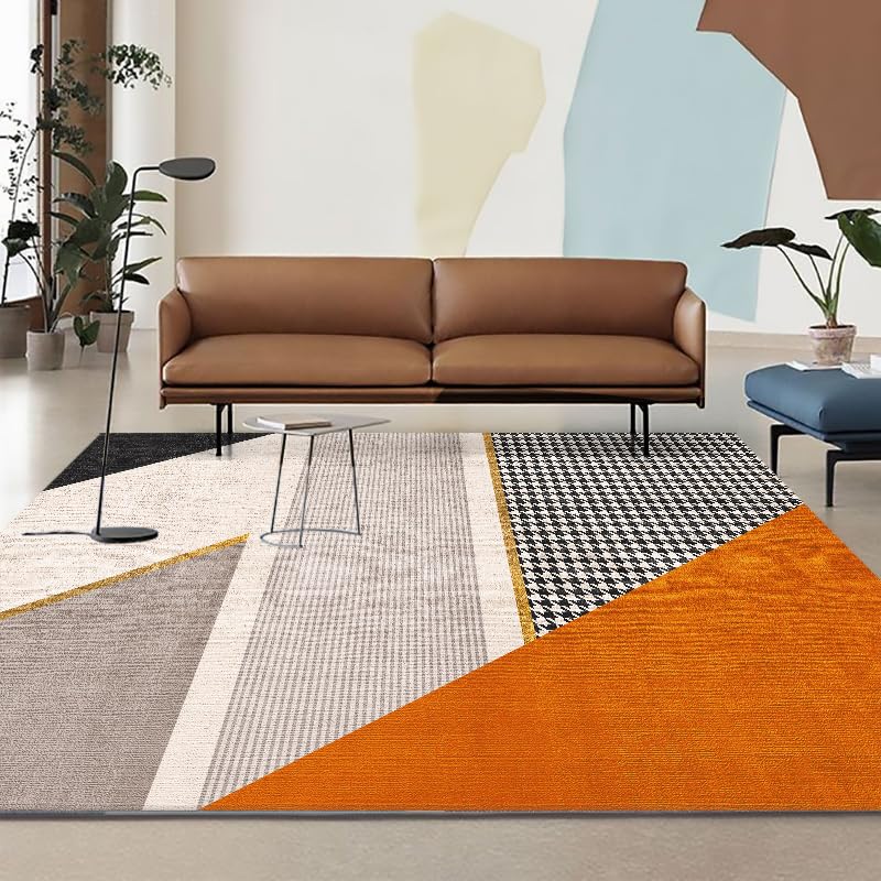 QJDTZMD Alfombra Sala 140 x 160 cm Alfombra Interior Antideslizante Lavable en Lavadora Pelo bajo para Dormitorio Kitchen Comedor Corredor Líneas geométricas Modernas en Tonos Beige anaranjados