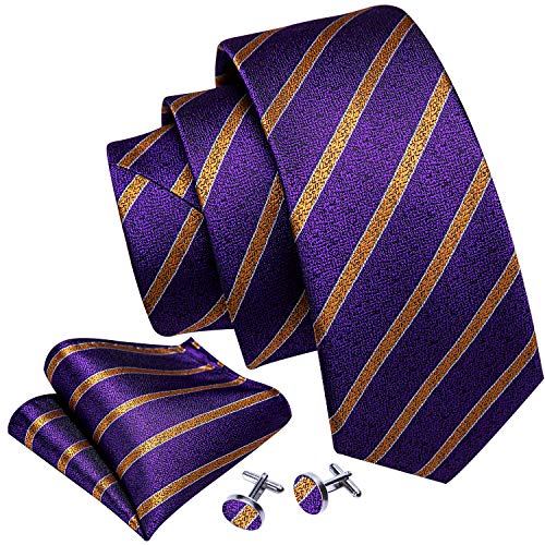 Image of Barry.Wang Tie Sets for Men Silk Stripe Necktie Woven Checkered Handkerchief Cufflinks Formal Business Wedding