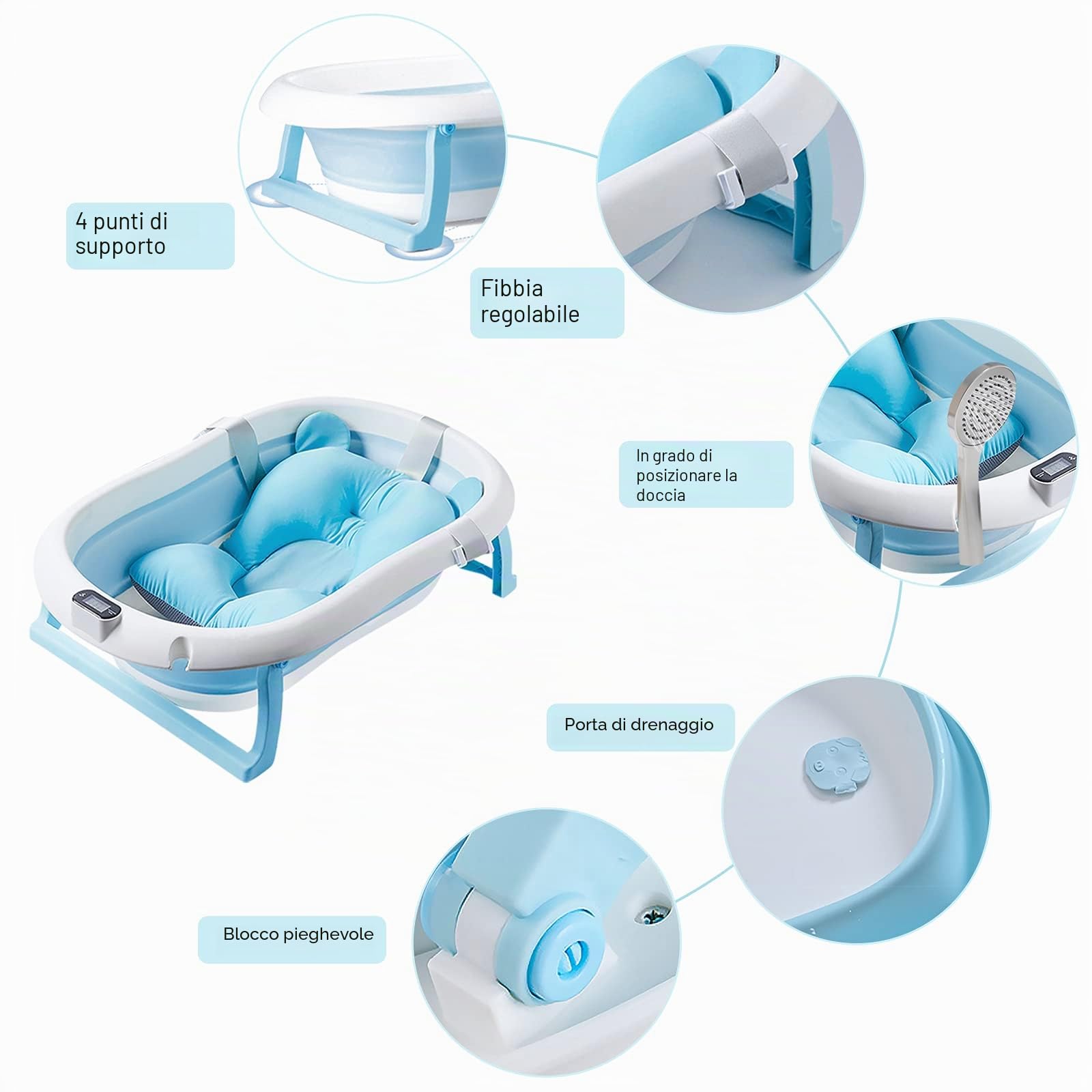 SONARIN Vasca da Bagno Pieghevole per Bambini con Indicatore di Temperatura,Vaschetta Bagnetto Antiscivolo Portatile con Cuscino e Tappo di Scarico per Neonati,Bambini Piccoli(Rosa)