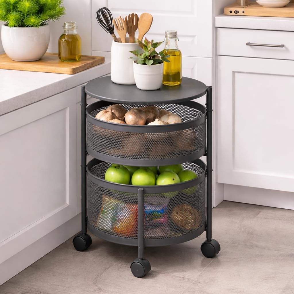 HomeWiz 2-Layer Round Kitchen Trolley | Movable Storage Organizer for Fruits & Vegetables | Perforated Mesh Baskets with Solid Flat Top | Multipurpose Rack for Onion & Potato | Rust-Resistant | Black-image-36