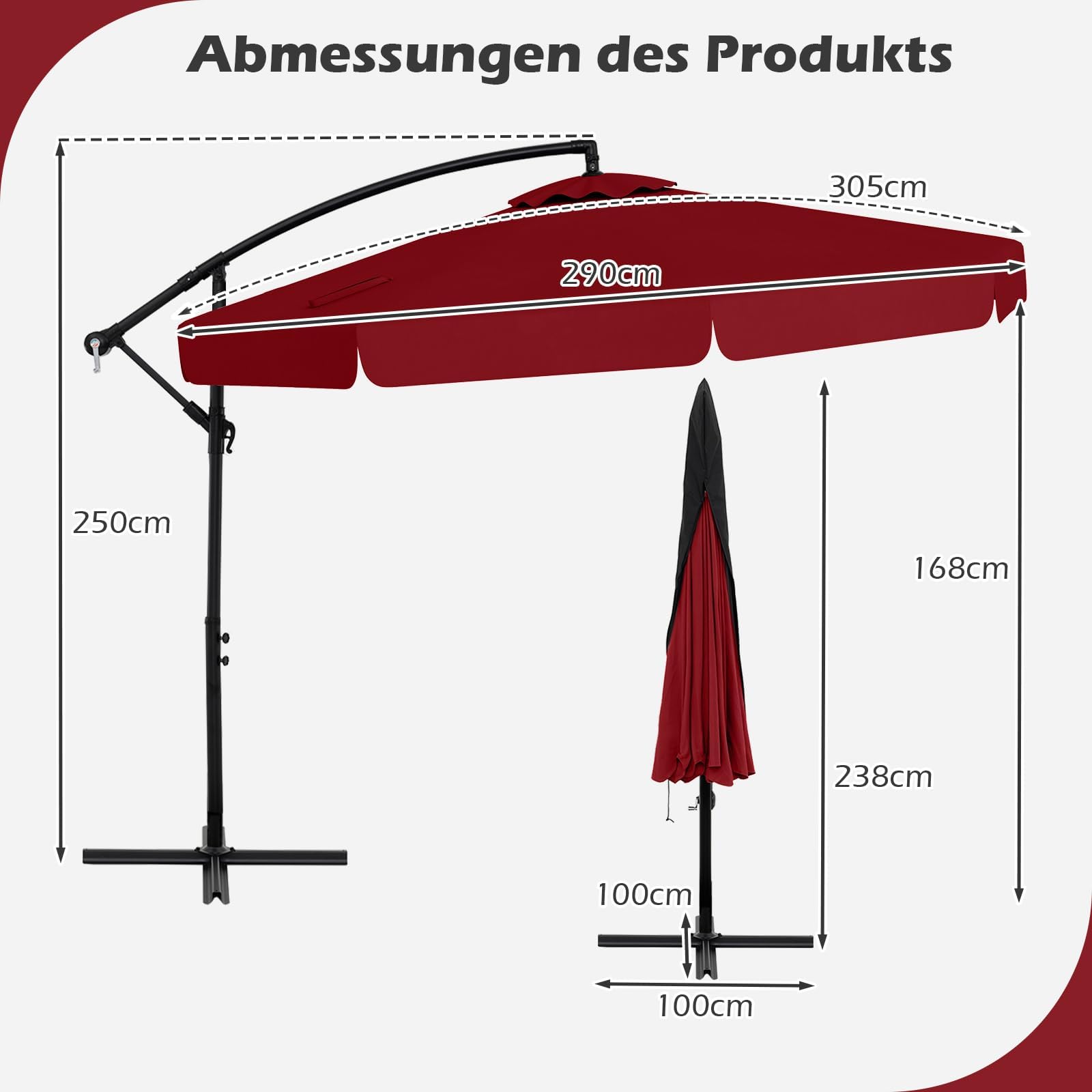FANTASK Sonnenschirm 300 cm, inkl. Schutzhülle, Ampelschirm mit Kurbel und Volant, Neigungswinkel verstellbar, Gartenschirm, Marktschirm (Rot)