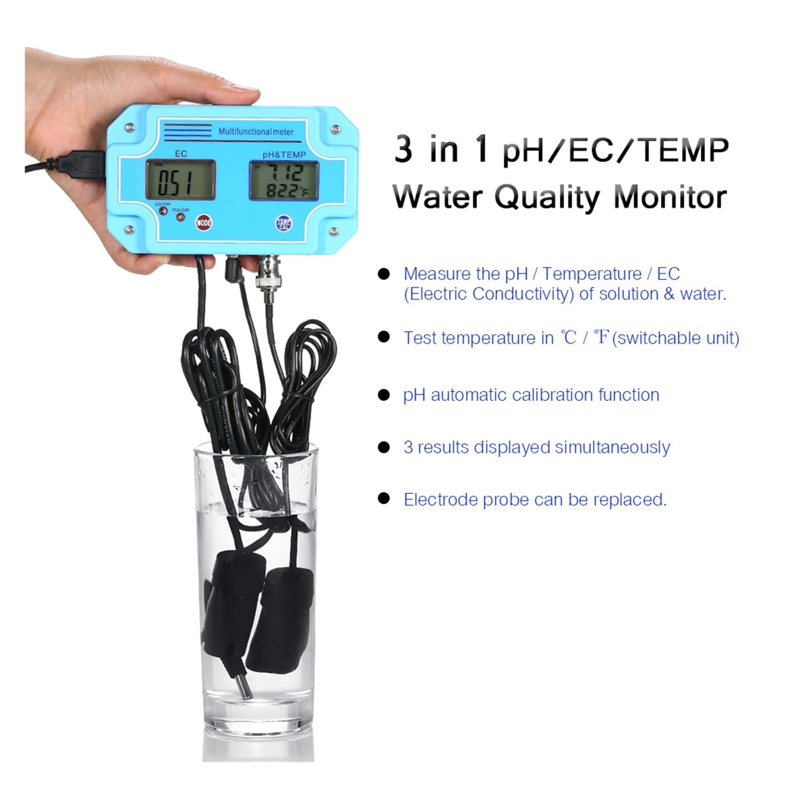 Miernik PH/EC/TEMP 3w1 Detektor Wody Cyfrowy LCD Tri Wielofunkcyjny Monitor Jakości Wieloparametrowy Tester Szybkie I DokłAdne Wykrywanie