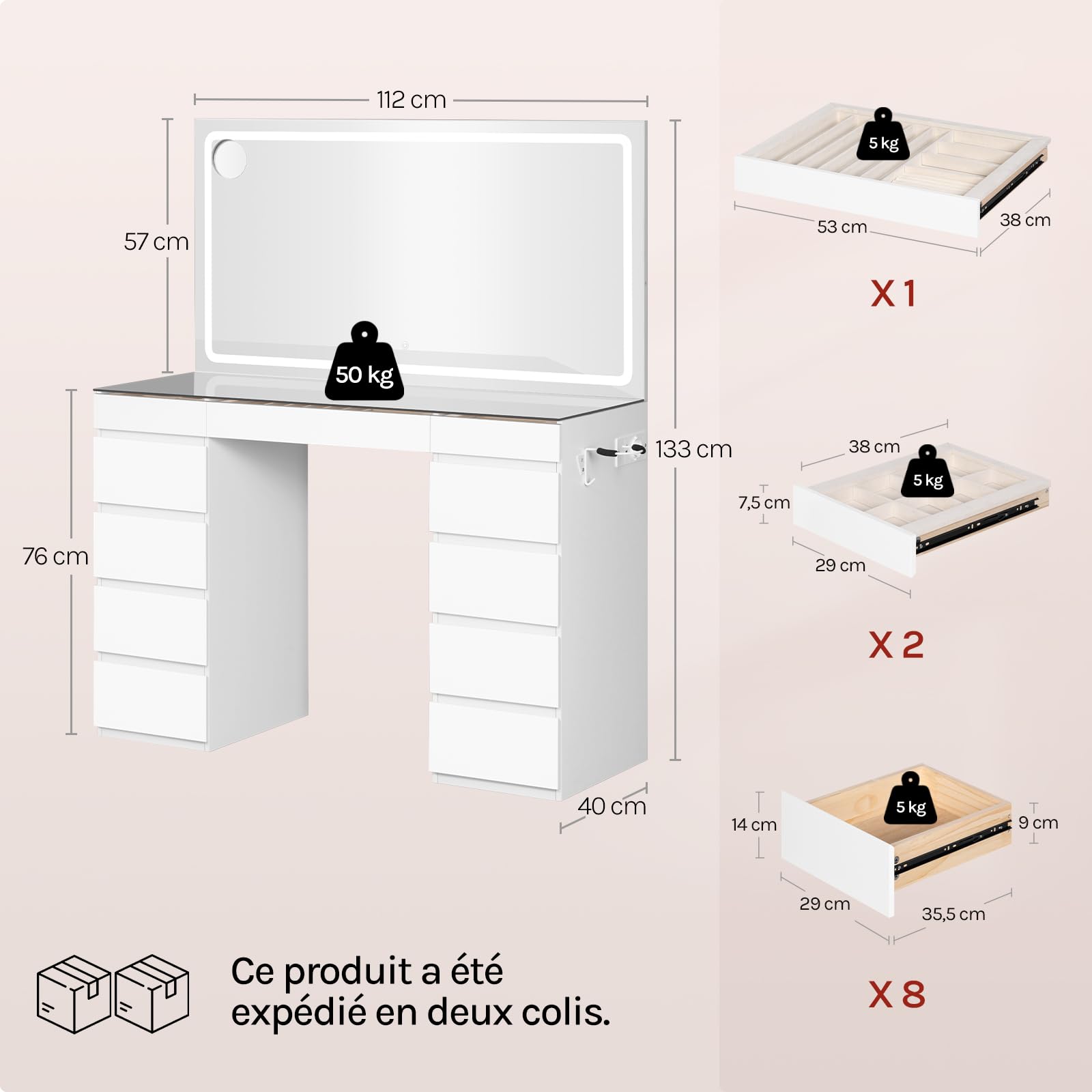 WOLTU Coiffeuse avec Grand Miroir LED, Plateau en Verre, Table de Maquillage avec 11 Tiroirs, Station de Charge, Compartiments à Bijoux & Support Sèche-Cheveux, Meuble Moderne pour Chambre, Blanc