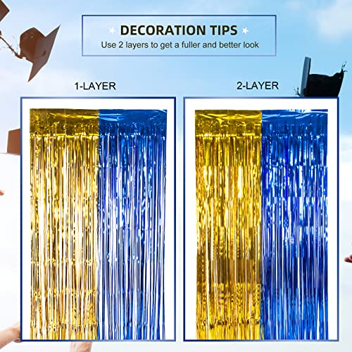 Image of LOLStar Graduation Party Decoration, 2 Pack Blue Gold Foil Fringe Curtains | 3.3 x 6.6 ft Tinsel Streamers Backdrop, Graduation Photo Booth Backdrop for Class of 2026, Prom and Grad Party Decor