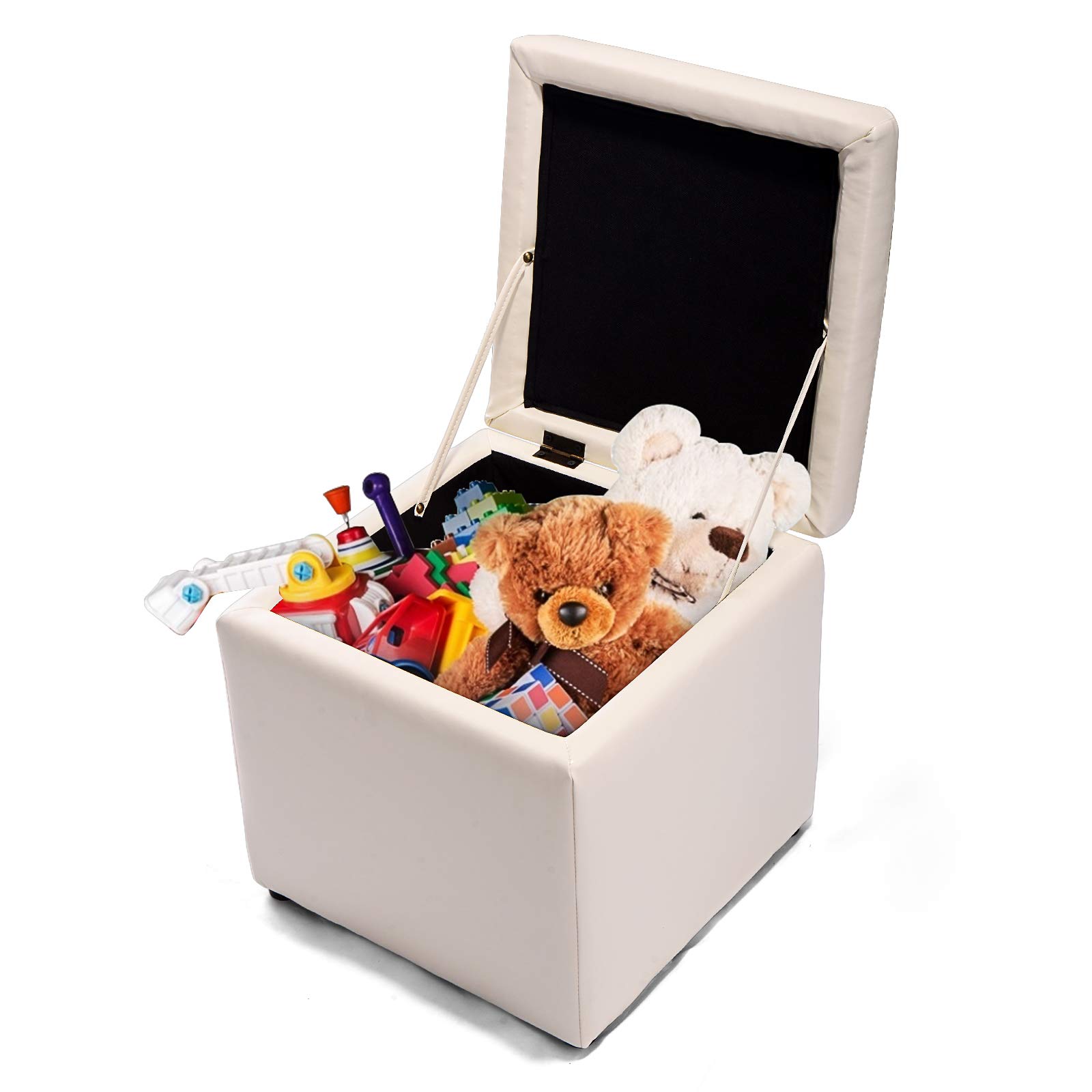 LIFEZEAL Pouf Cubo, Contenitore, Pioggiepiedi, Ottoma in PU, Sedile Imbottito, Telaio in Legno, Già Montato, per Soggiorno, Camera da Letto e Cameratta, Peso Max 300 kg, 40x40x40 cm (bianco)