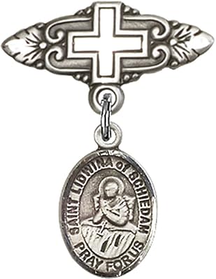 Sterling Silver Baby Badge with St. Lidwina of Schiedam Charm and Badge Pin with Cross 1 X 3/4 inches