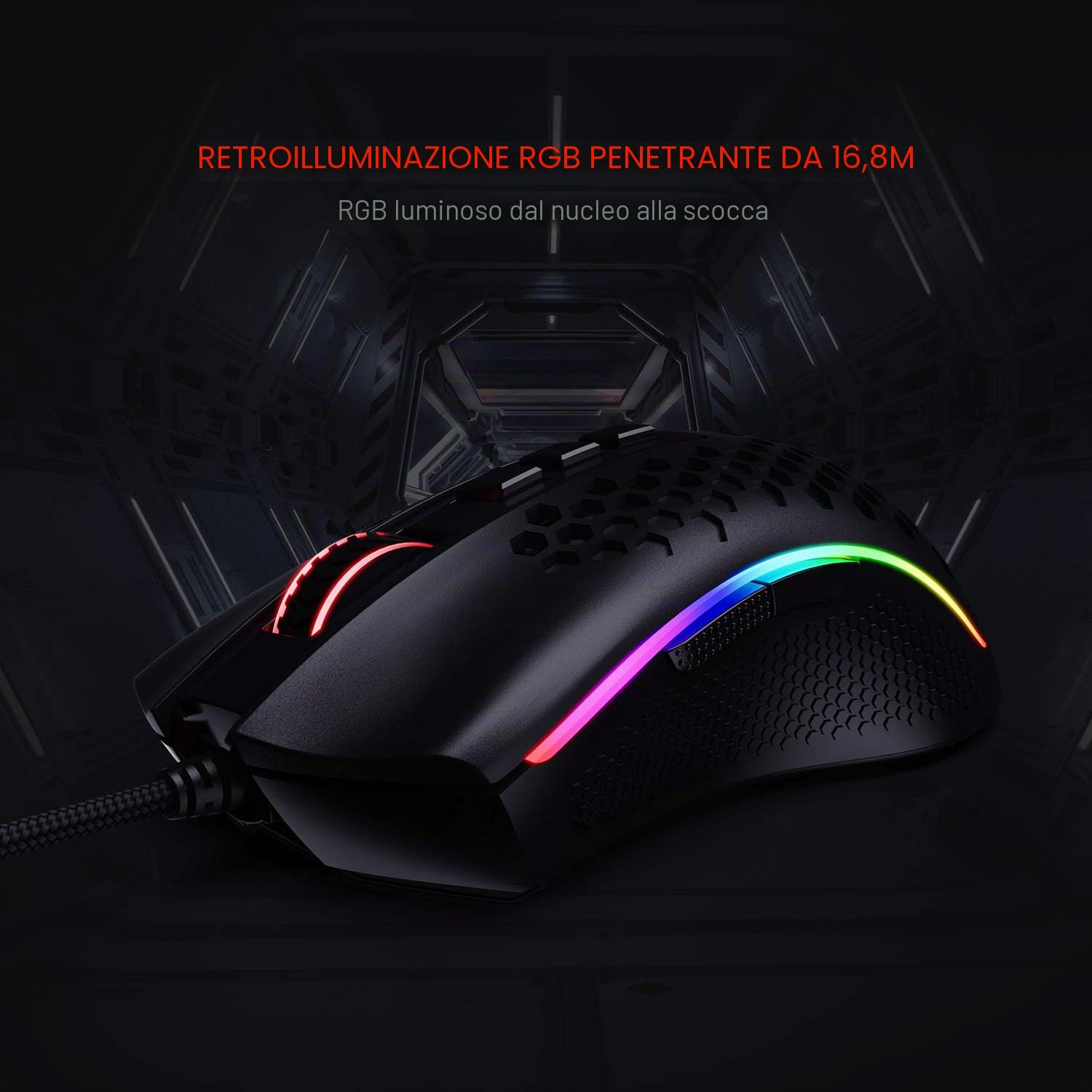 Redragon M808 Storm - Mouse da gioco RGB leggero, guscio a nido d'ape ultraleggero da 85 g - sensore ottico da 12.400 DPI - 7 pulsanti programmabili - registrazione precisa - cavo Super-Lite