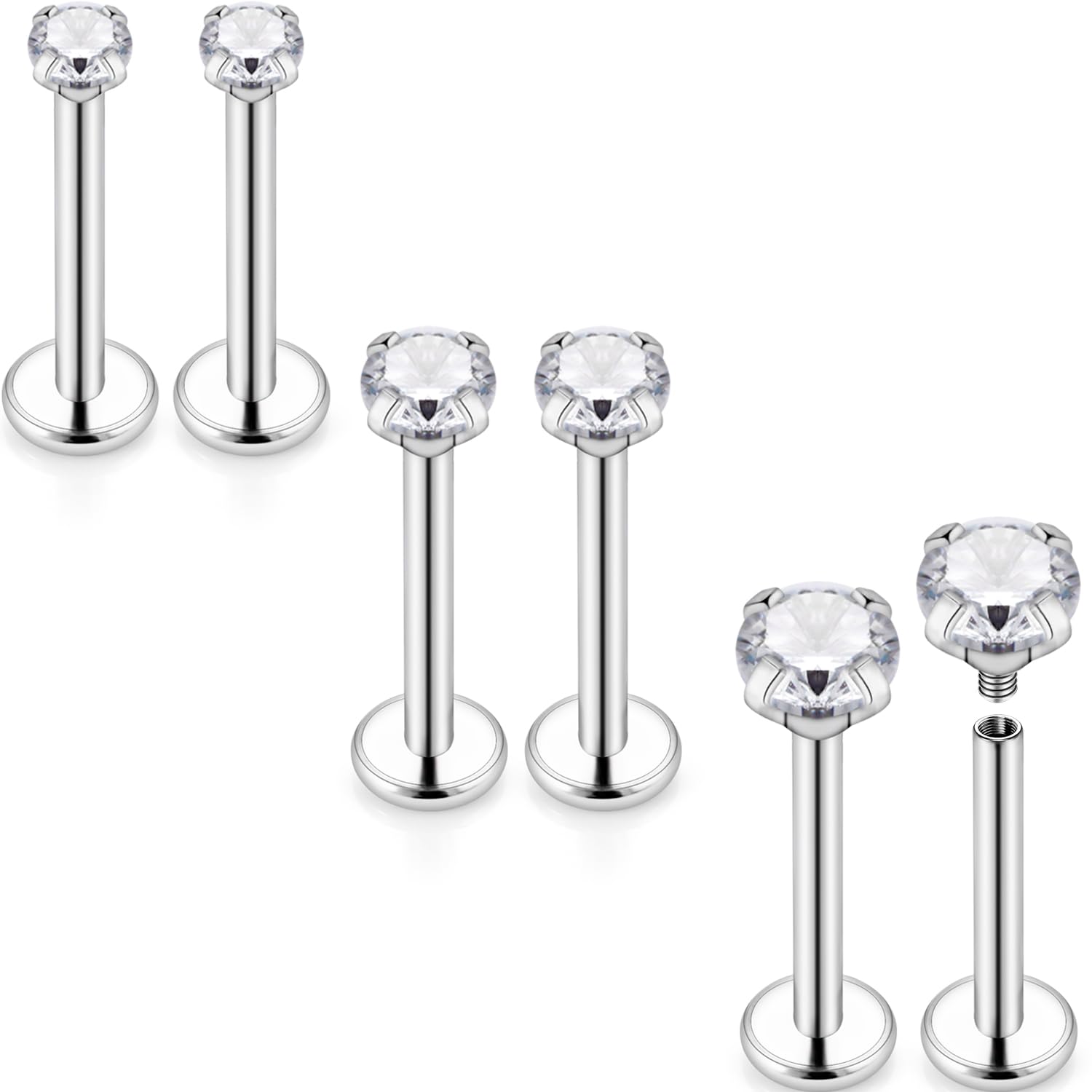 Kridzisw 16G Lip Labret Monroe Medusa Rings Studs Internally Threaded 316L Surgical Steel Flat Back Nose Studs Cartilage Tragus Helix Earring Piercing 6mm 8mm 10mm Bar 2mm 3mm 4mm CZ 3pairs