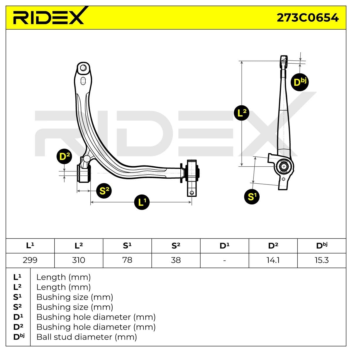RIDEX 273C0654 Kit Barra oscilante de suspensión de ruedas Delantero Izquierda con soporte con apoyo de caucho Compatible con CITROËN C5 II RC