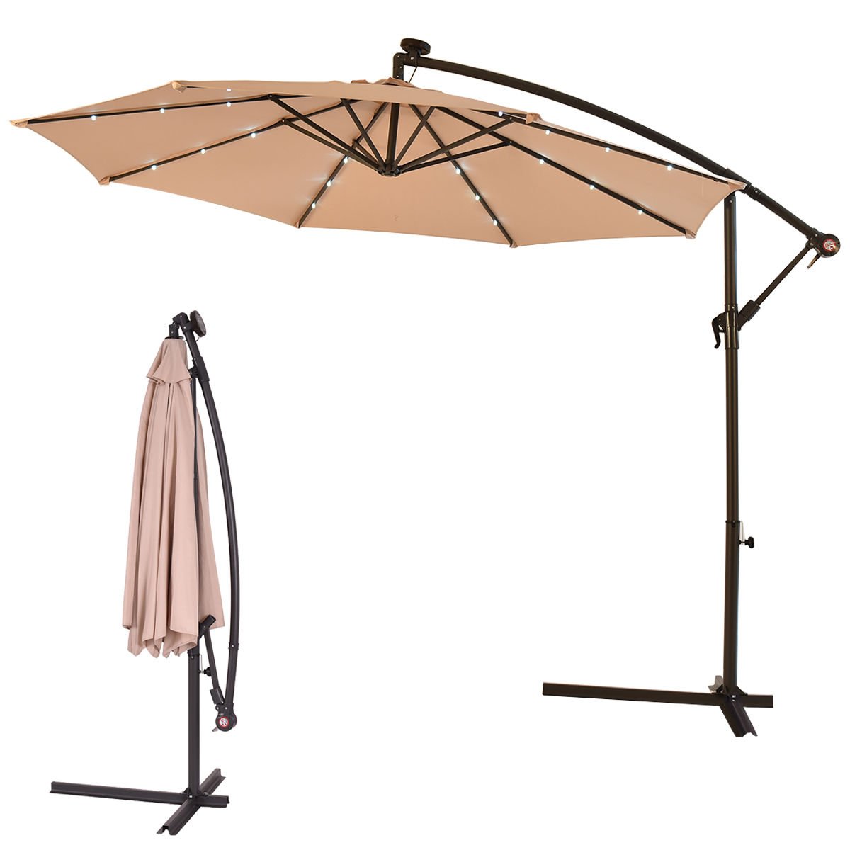 New MTN-G 10' Hanging Solar LED Umbrella Patio Sun Shade Offset Market W/Base Beige