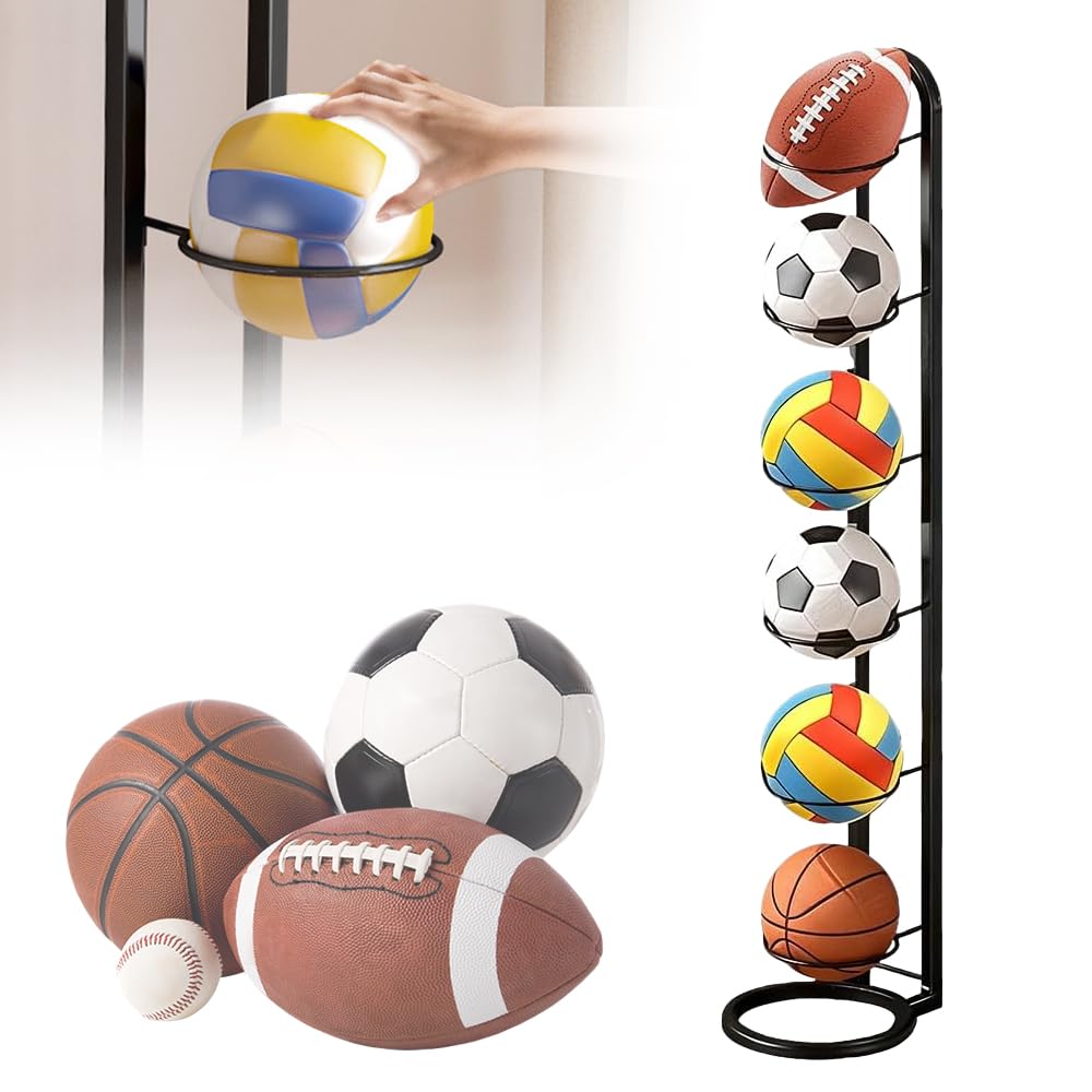 KQWVZ Ball Storage Rack, 6 Tier Metal Football Stand, Removable Basketball Organizer Rack, Vertical Football Display Stand, Football Holder for Volleyball Football Basketball Soccer Indoor Outdoor