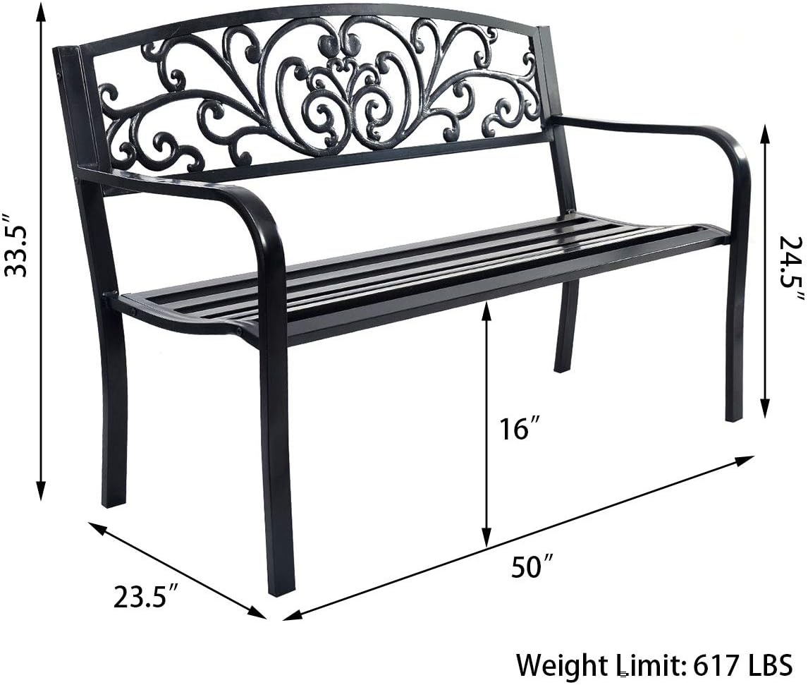 Giantex 50" Patio Garden Bench, Loveseats Park Yard Furniture, Black Steel Cast Iron Frame Chair, Metal Bench Outdoor with Floral Scroll Pattern