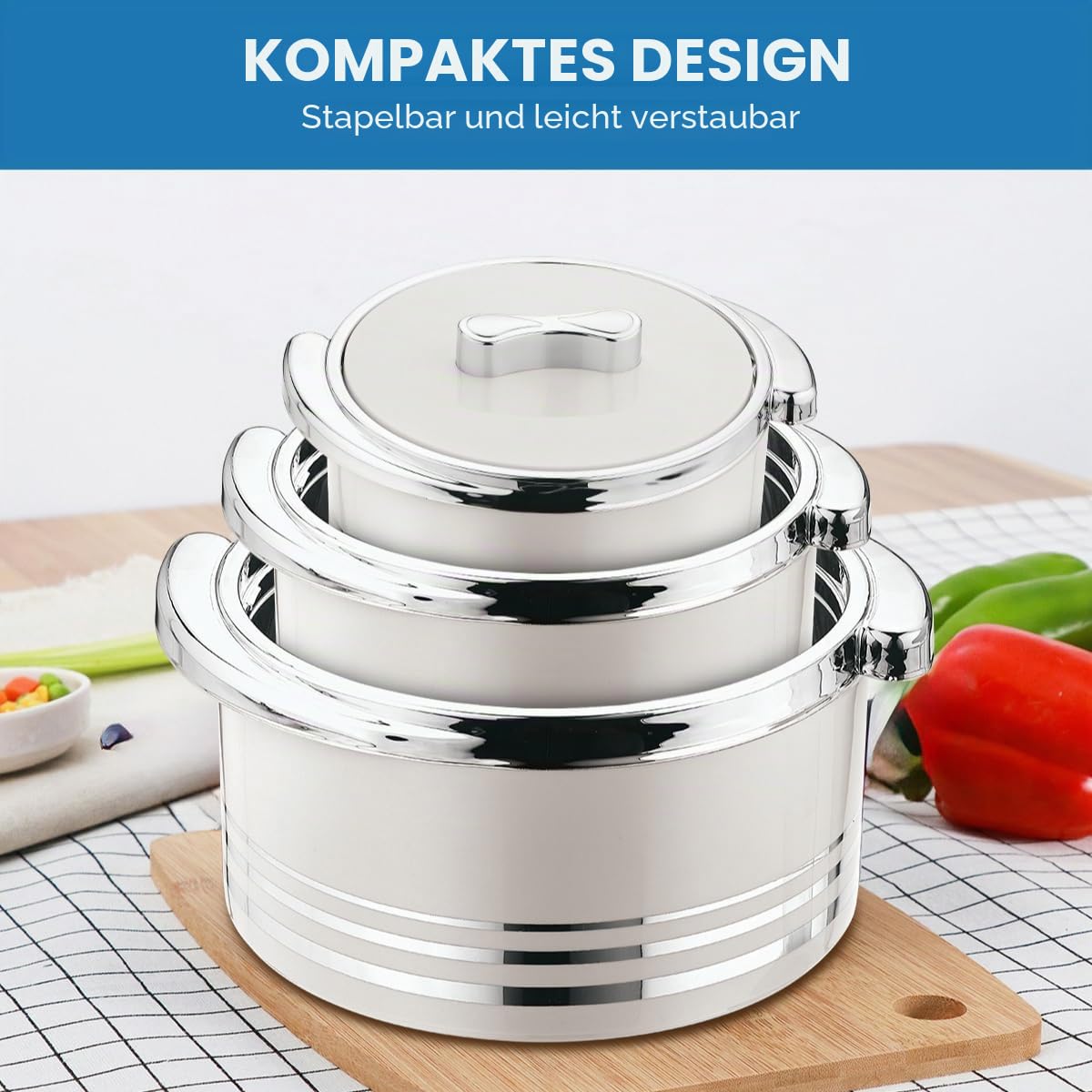 Pinnacle Isolierte Auflaufform mit Deckel, 3-teiliges Set, 3,7/2,6/1,5 qt. Hot Pot Speisenwärmer/Kühler – Thermo-Suppen-/Salat-Servierschüssel, Edelstahl-Behälter für heiße Speisen, tolles