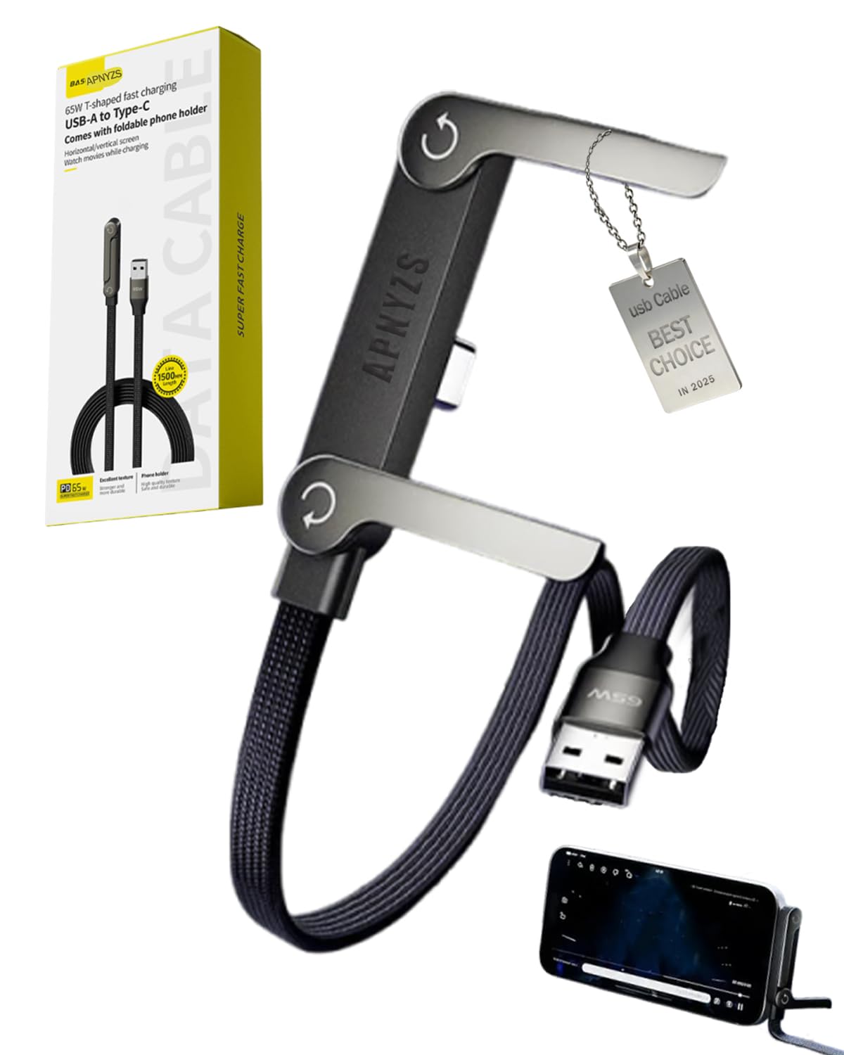 Cavo di ricarica invisibile 2 in 1, 240 W, cavo di ricarica rapida con supporto integrato per telefono, multi nylon intrecciato con supporto pieghevole nascosto a 360°, tipo C da 1,5 m, per