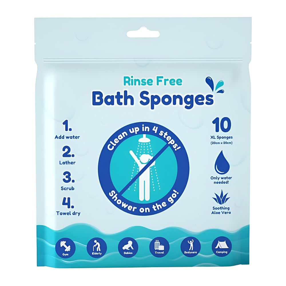 10pk Rinse Free Bath Sponges, 20x20cm Wipes 1 count (Pack of 10), White