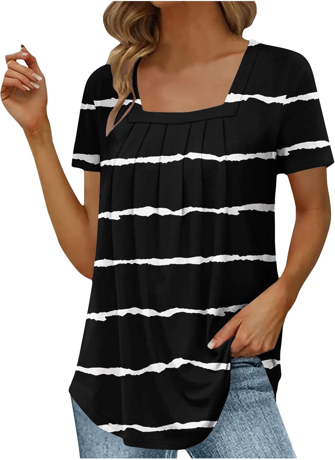 Summer Tunic Tops for Women Pleated Front Dressy Blouses Short Sleeve