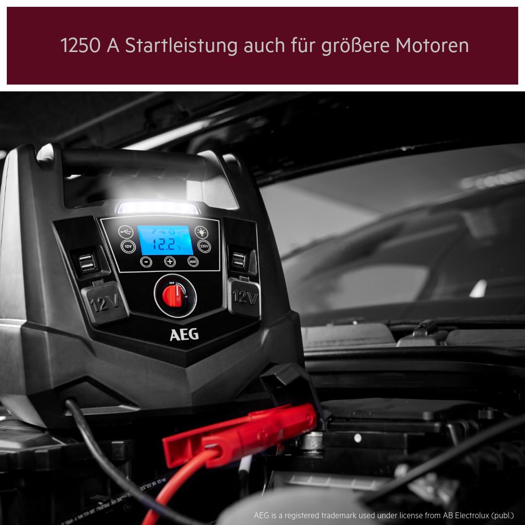 AEG Tragbare 12V Energiestation Auto Starthilfe, Powerstation mit Luftkompressor, 220V Spannungswandler, Steckdose,mit 4 USB, Kompatibel mit PKW, Schwarz/Rot