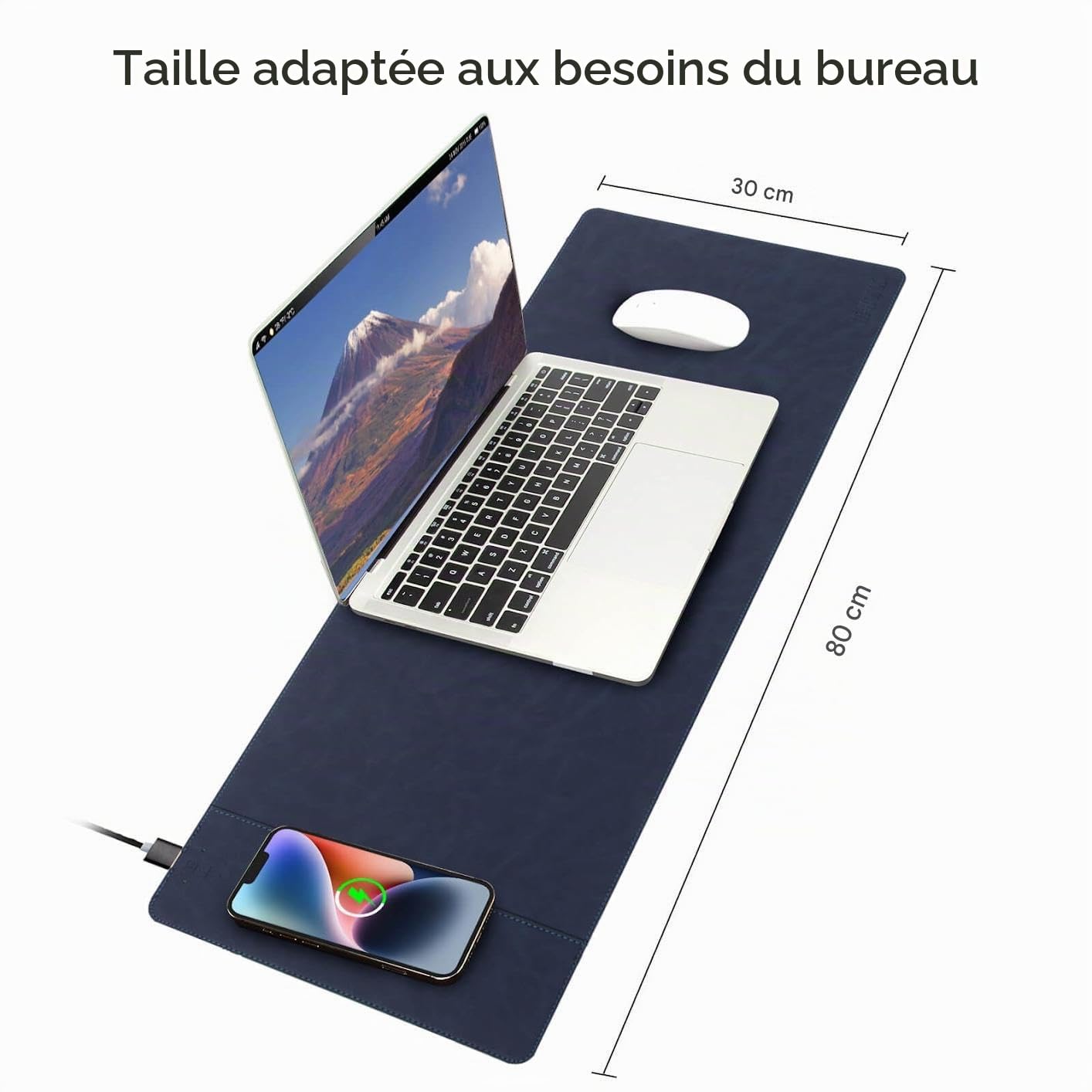 Tapis de chargement magnétique sans fil - Charge rapide de 15 W - 80 x 30 cm - En cuir microfibre - Étanche - Avec surface anti-rayures - Pour bureau, maison, ordinateur portable - Accessoire
