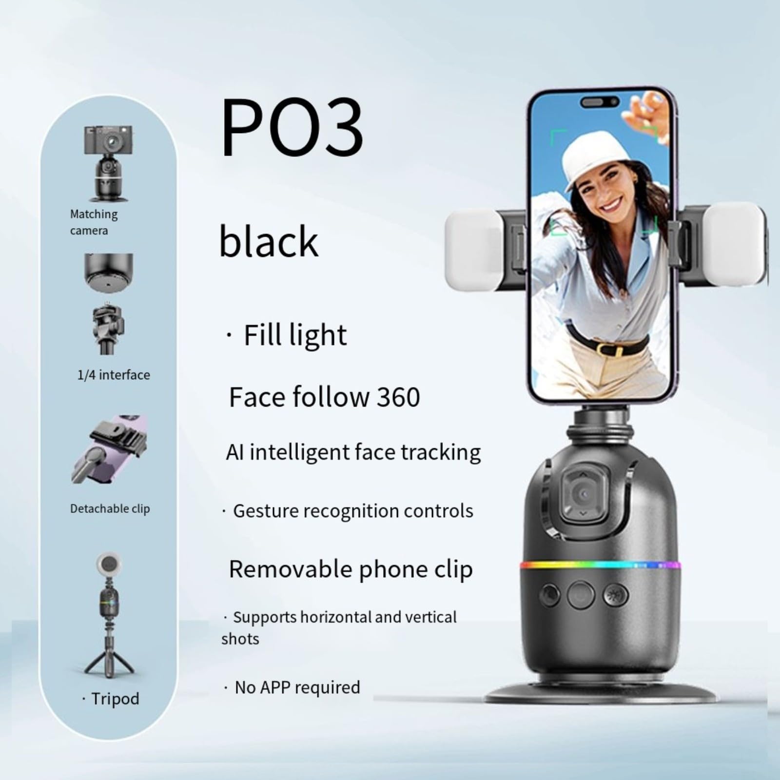 Gimbal girevole a 360° per stabilizzatore, per smartphone, con Face Tracking e otturatore remoto, supporto compatto da tavolo in ABS, per live streaming e vlogging, nero (doppia luce P03)