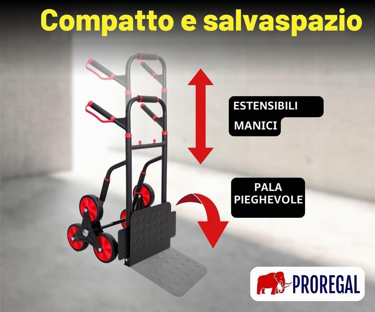PROREGAL Carrello professionale pieghevole per scale TAURUS 250 | AxLxP 115x52x63cm | Portata 250kg | Telaio in acciaio, maniglie ergonomiche, ruote in gomma TPR | Rosso-Nero