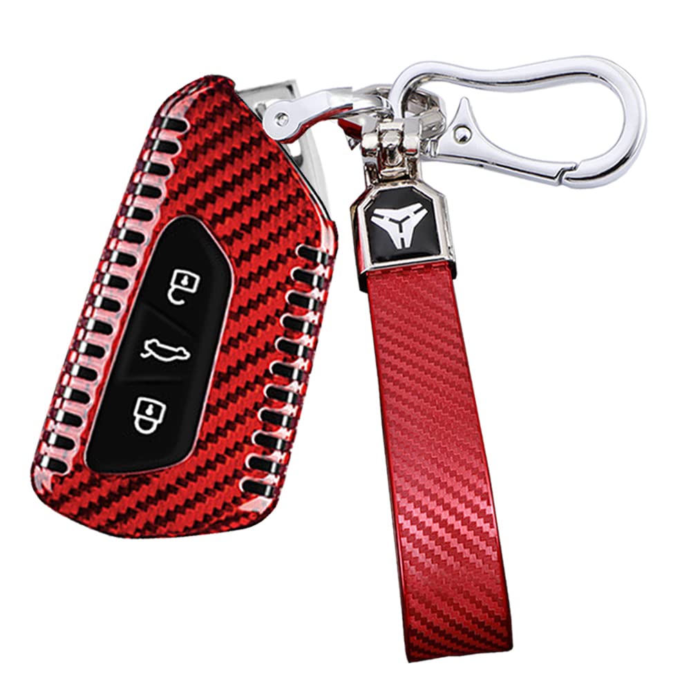 ontto Kohlefaser Autoschlüssel Hülle Passt für VW ID.3 ID.4 Golf 8 R GTI MK8 Seat Leon MK4 Tarraco Skoda Octavia Enyaq A8 2020-2021 Schutzhülle Schlüsselcover Schlüsselanhänger-Rot (Entlüftung)