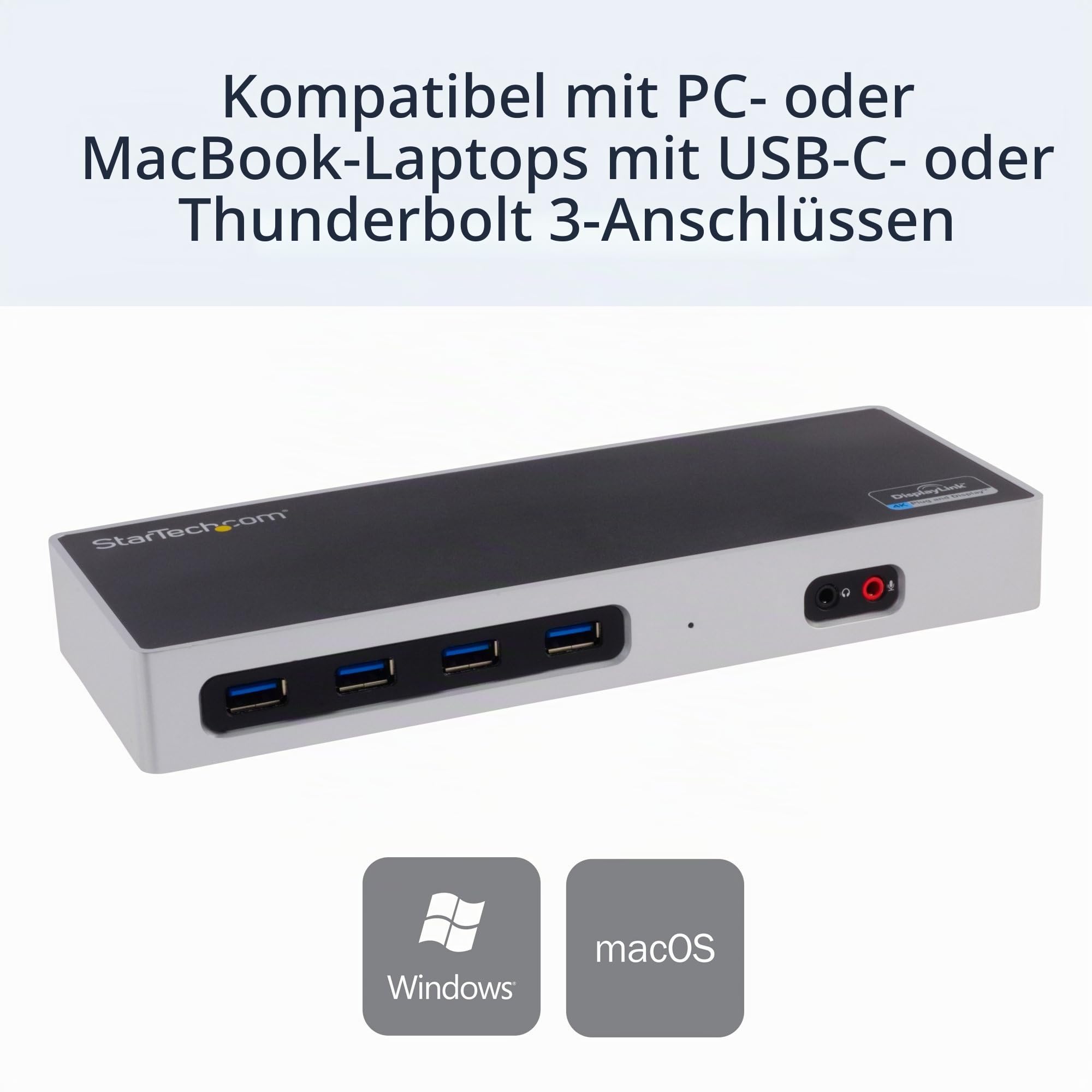StarTech.com Dual-4K-Dockingstation – USB-C und -A (3.0) – DisplayPort für Zwei Monitore + HDMI-Dock für Mac- und Windows-Laptops (DK30A2DH), Schwarz/Silberfarben