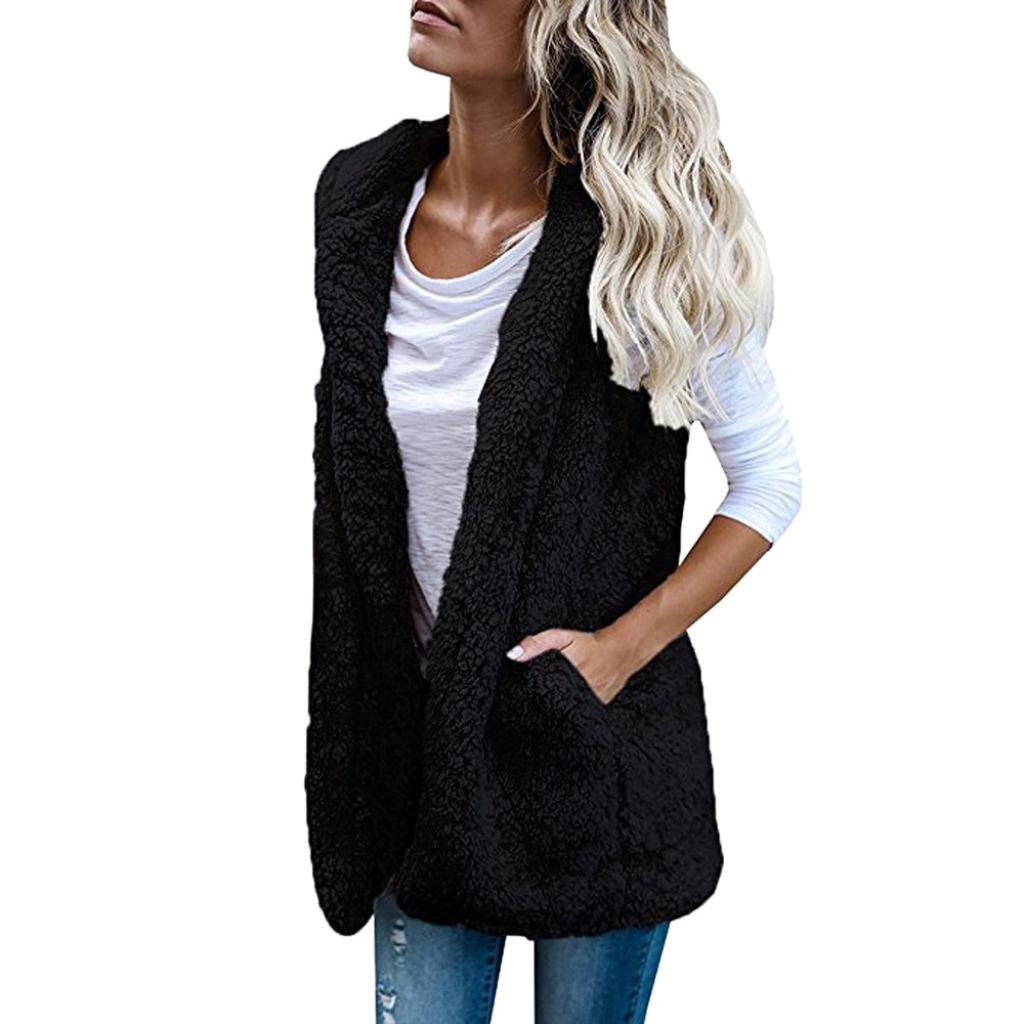 Homebaby Women's Black-Hooded Faux Fur Vest Coat, Girls Sleeveless Jacket Winter Body Warm Gilets Shrug Waistcoat Gilet Fluffy Hoodies Cardigan Outwear (Xl, )