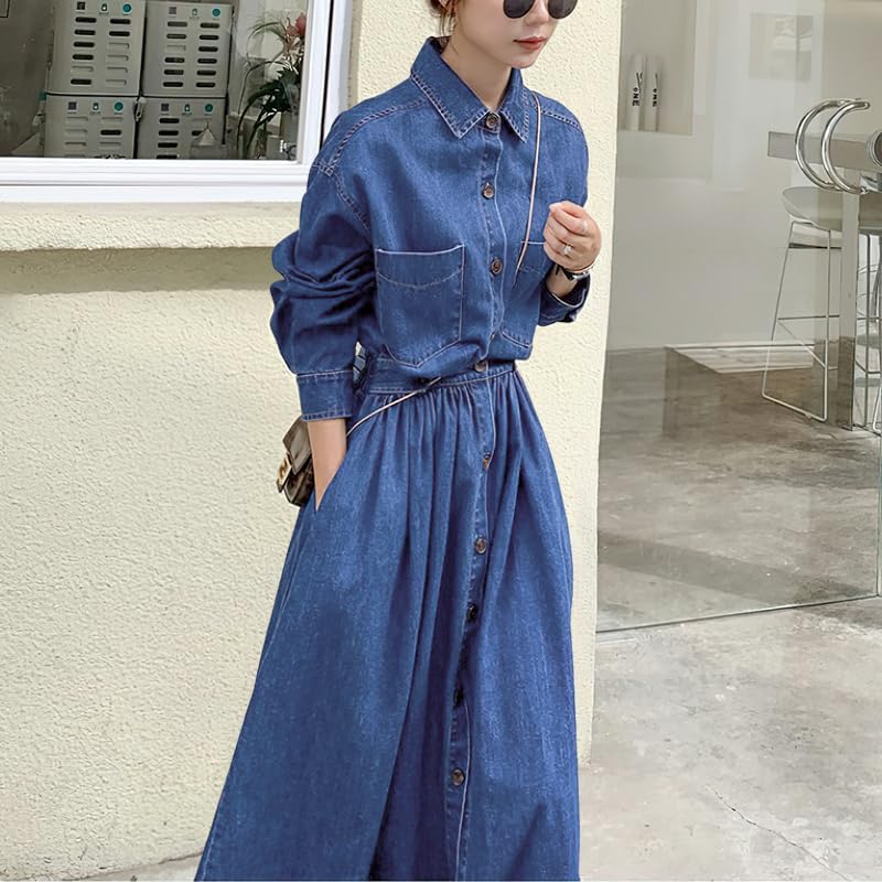 chouyatou Women's Long Sleeve Denim Shirt Dress Button Down Lapel Business Casual Maxi Long Jean Dress3