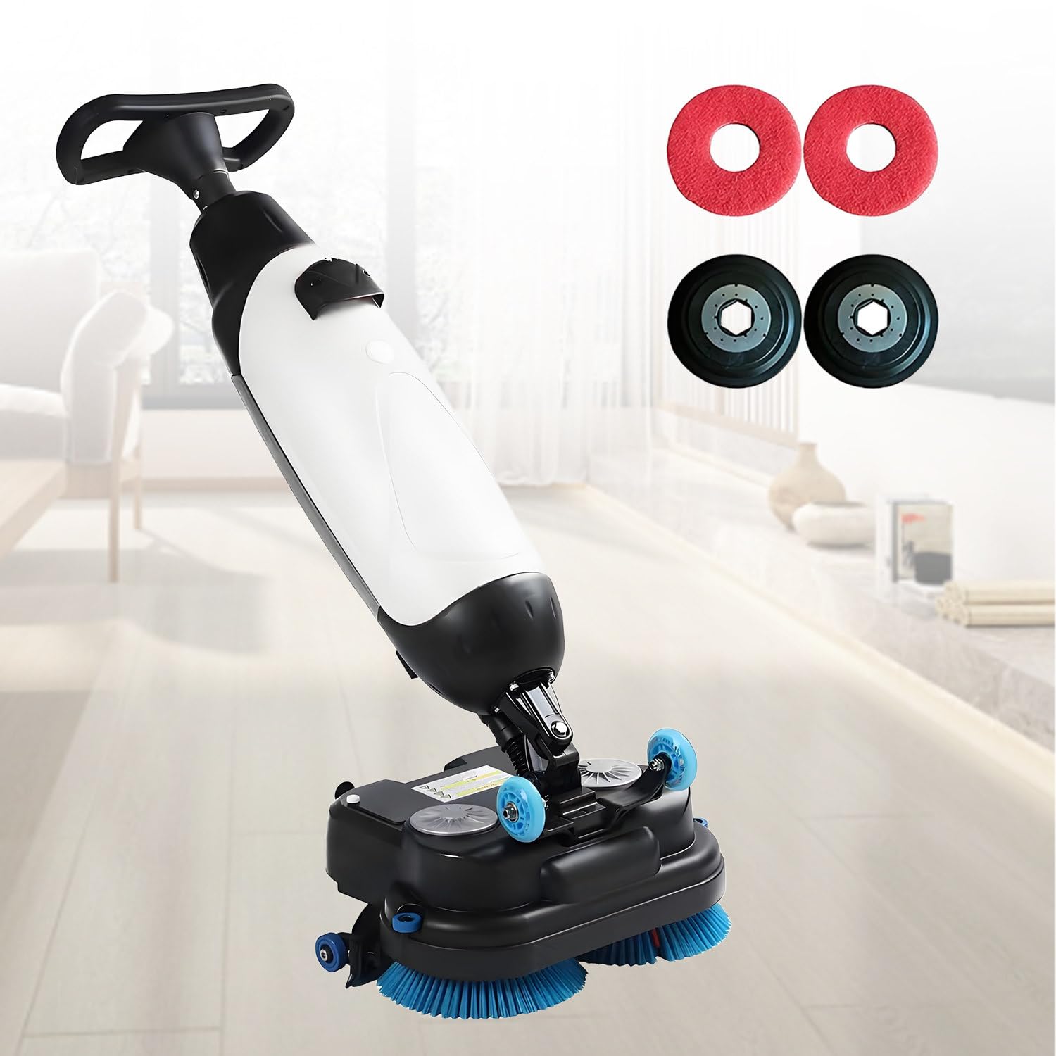 GLBMXDD Walk-behind Commercial Floor Scrubber Buffer Polisher Machine, Dual Brushes, Dual Pads and Drivers, with 43 cm Cleaning Track,Cordless Rechargeable Lithium Battery