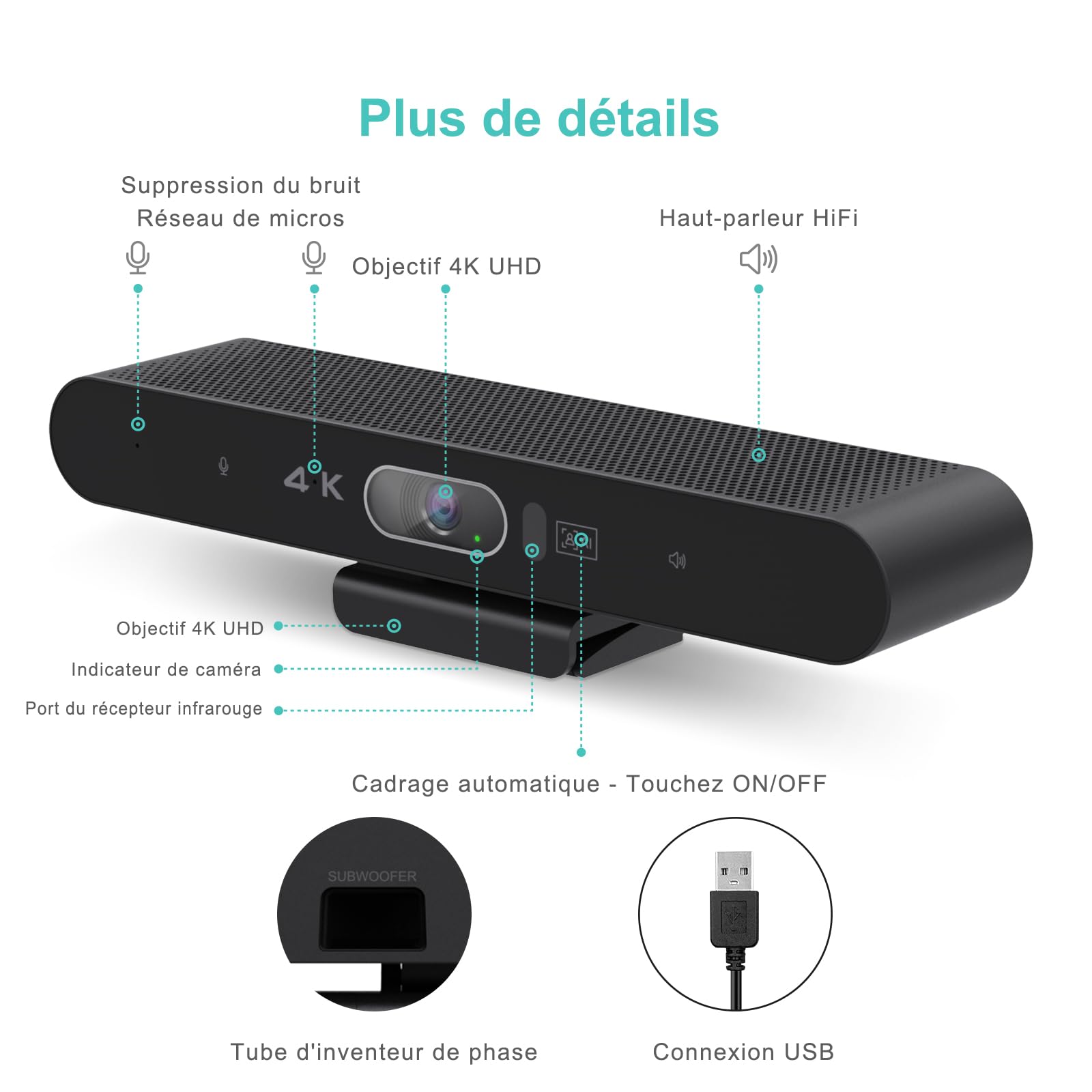 4K Webcam de Conférence avec Microphone et Haut-Parleur, Caméra de Salle de Conférence avec Télécommande pour Windows TV/Ordinateur/Vidéoconférences/Espace Streaming/Zoom/Skype/Teams